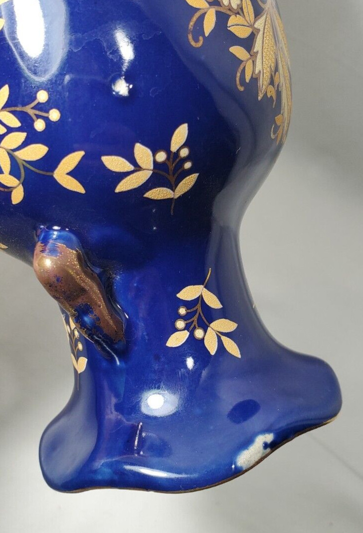 Hand-painted Dark Blue With Gold Floral Porcelain Vase Double Handle