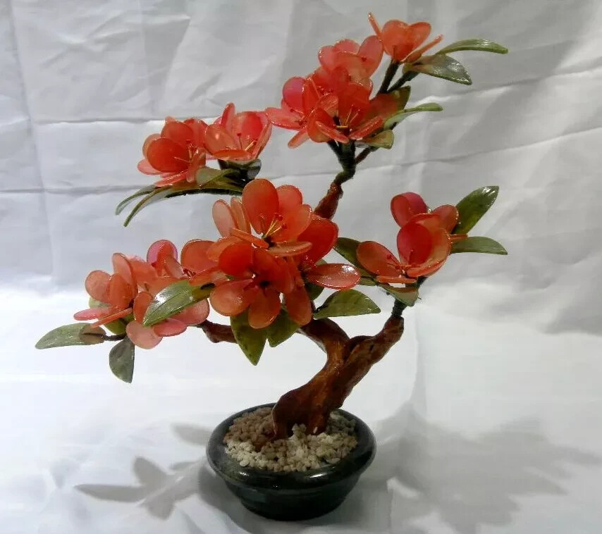 Chinese Jade Peach Flower Bonsai Artificial Plant Tree Leaf Gemstone Feng Shui
