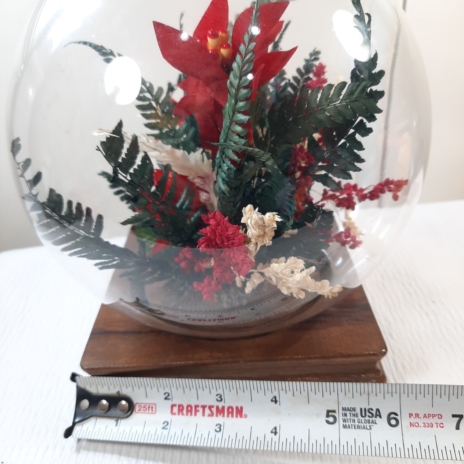 Vintage Floral glass globe terrarium wood base red poinsettia flower centerpiece