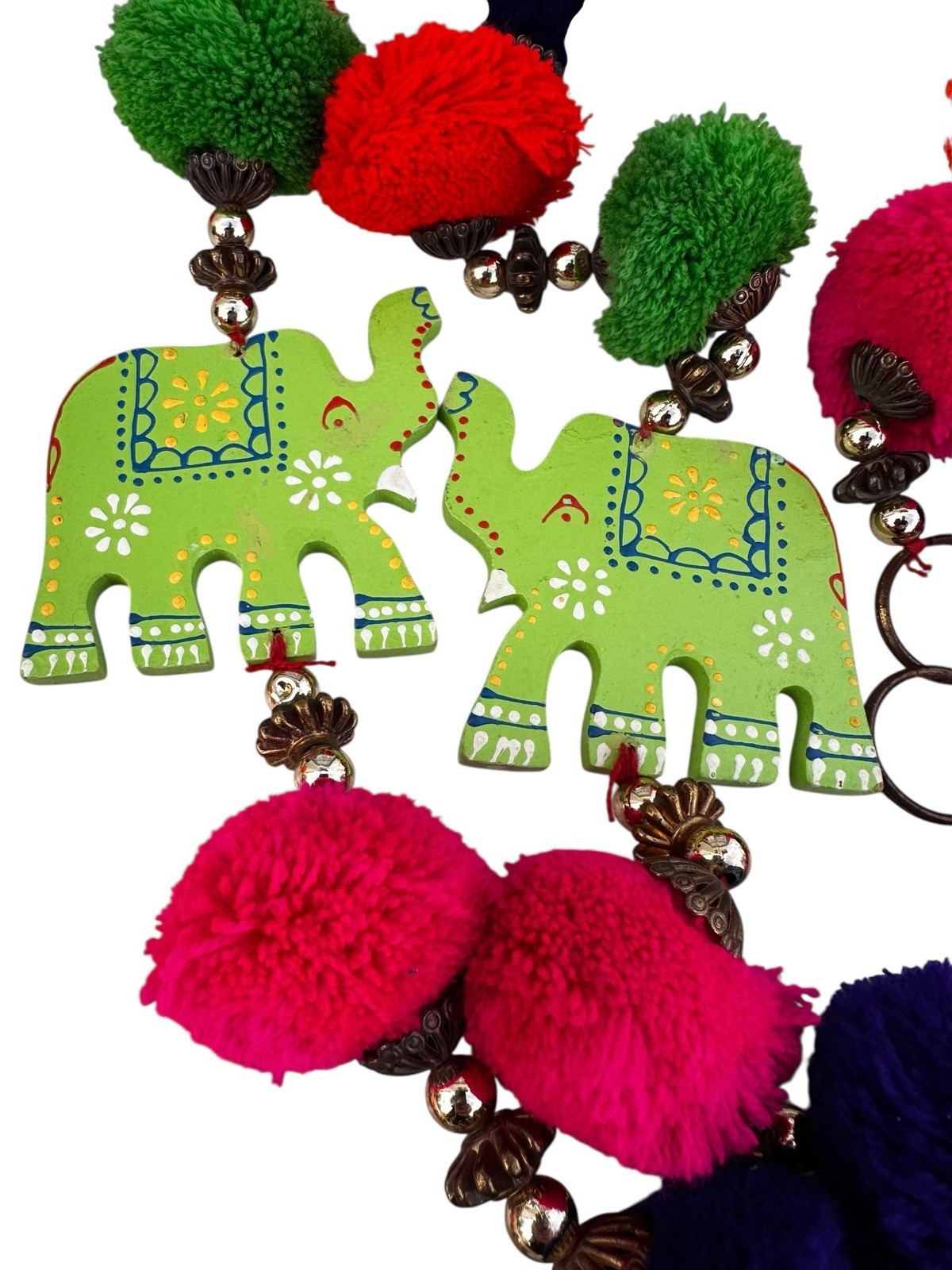 Elephant Garlands Pom Poms Wood Set of 3 Boho Indian Festival Diwali