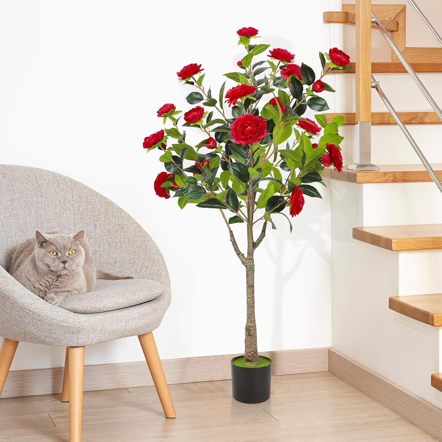 2 Pack 4FT Artificial Camellia Flower Tree Fake Plant Garden Yard Office Decor