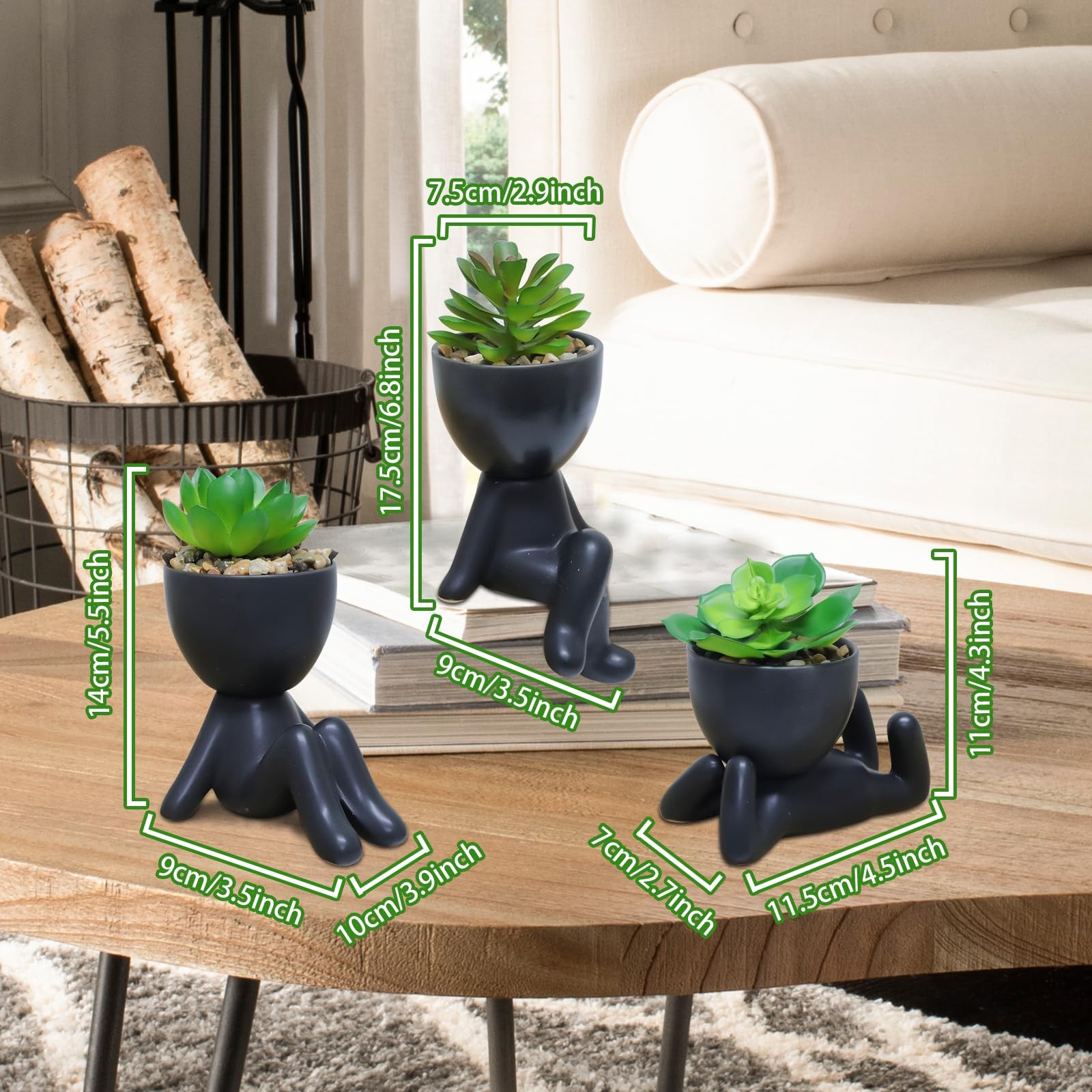 3 PCS Cute Artificial Succulent Plants with Creative Ceramics Human Shaped Po…