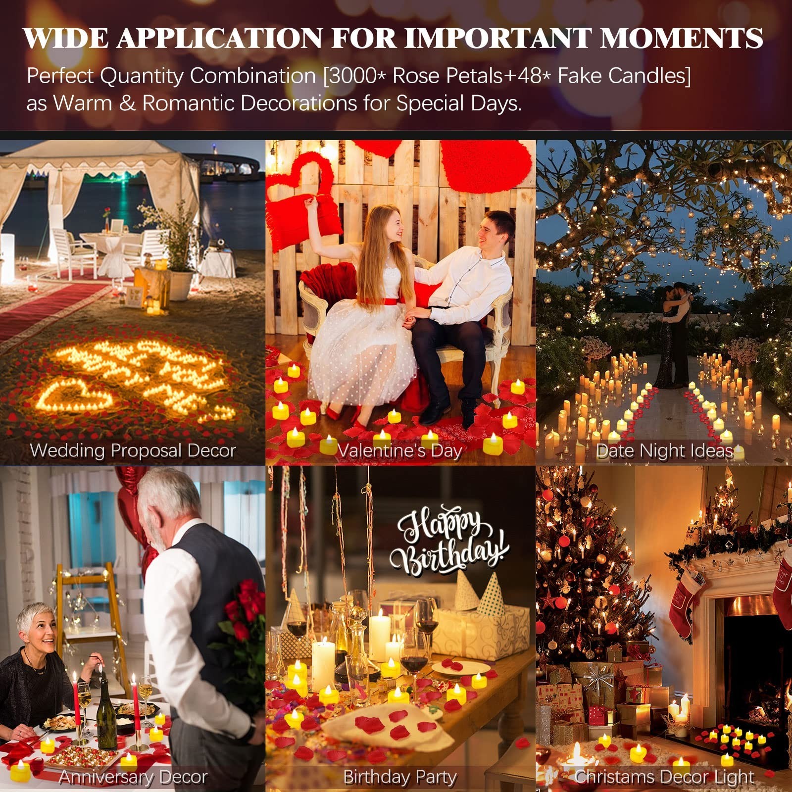 3000 Pcs Rose Petals & 48 Flameless LED Tea Light Candles Set for Weddings & Val