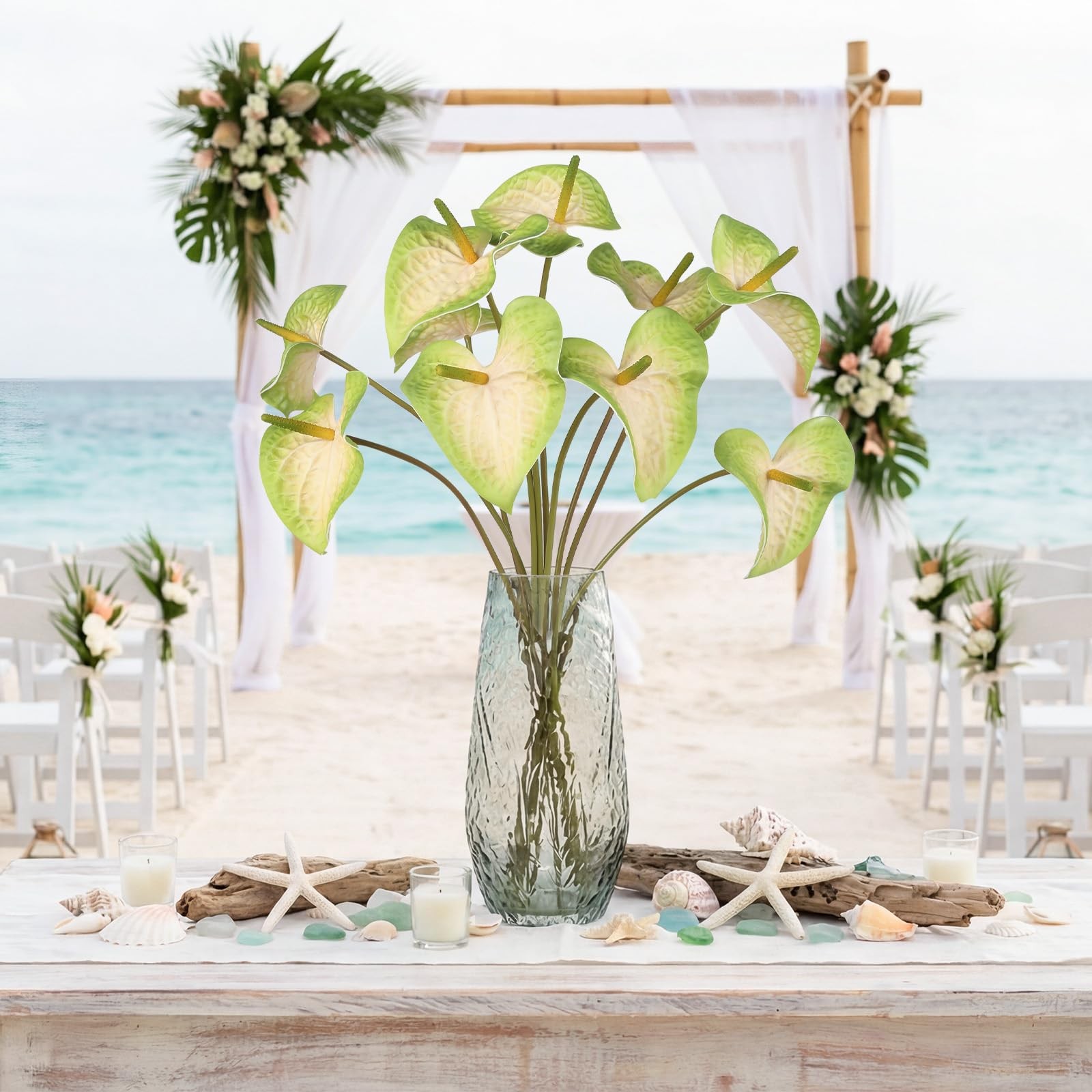 Green Anthurium Artificial Flowers Fake Tropical Real Touch 23.6″ 10 PCS