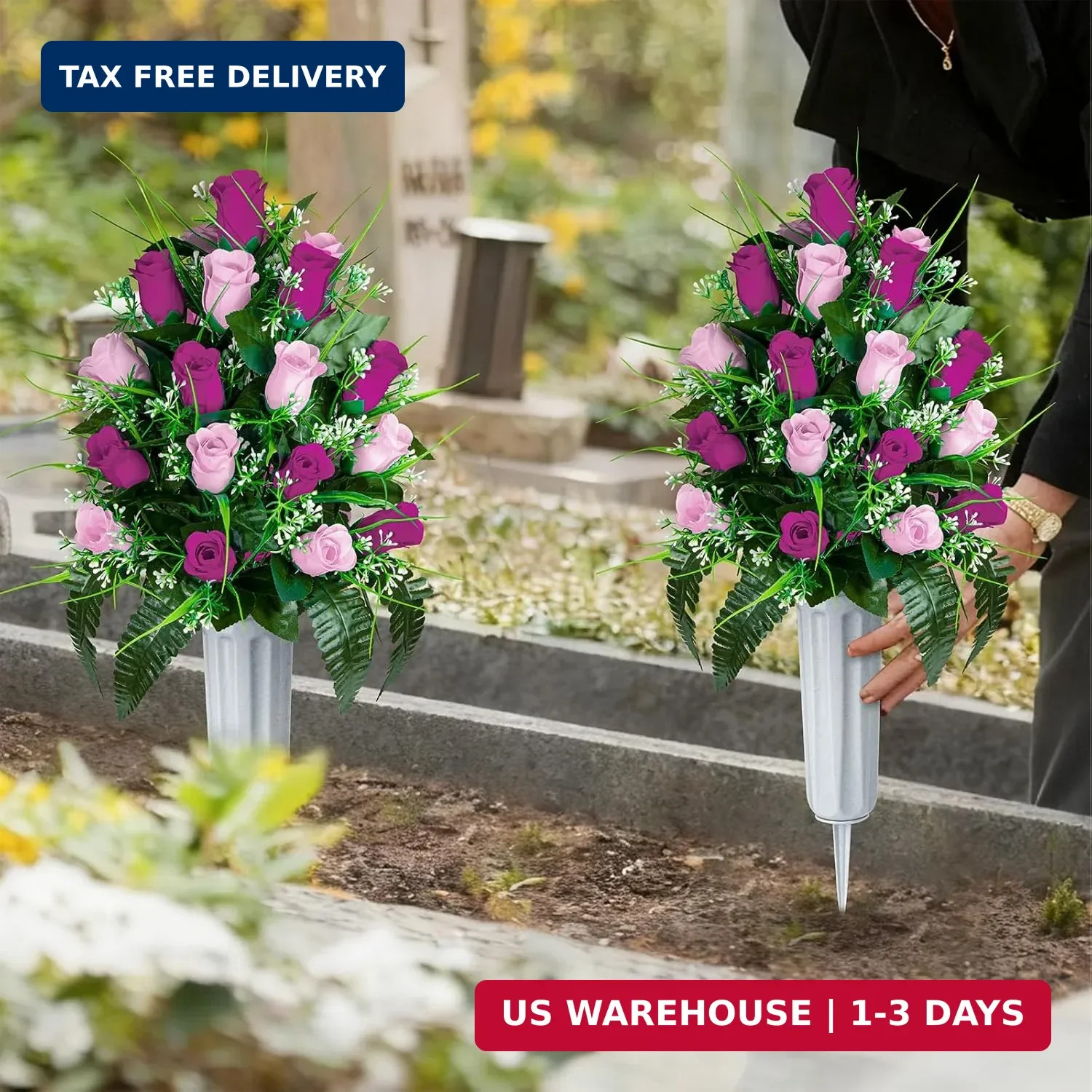 Artificial Cemetery Flowers – Set of 2 Grave Memorial Rose Flowers with Vase for