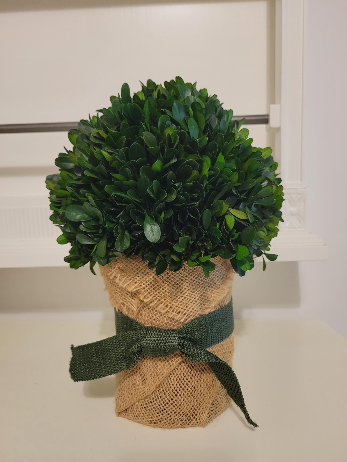 Artificial Boxwood Ball Topiary in Burlap Pot with Green Ribbon, Green/Beige