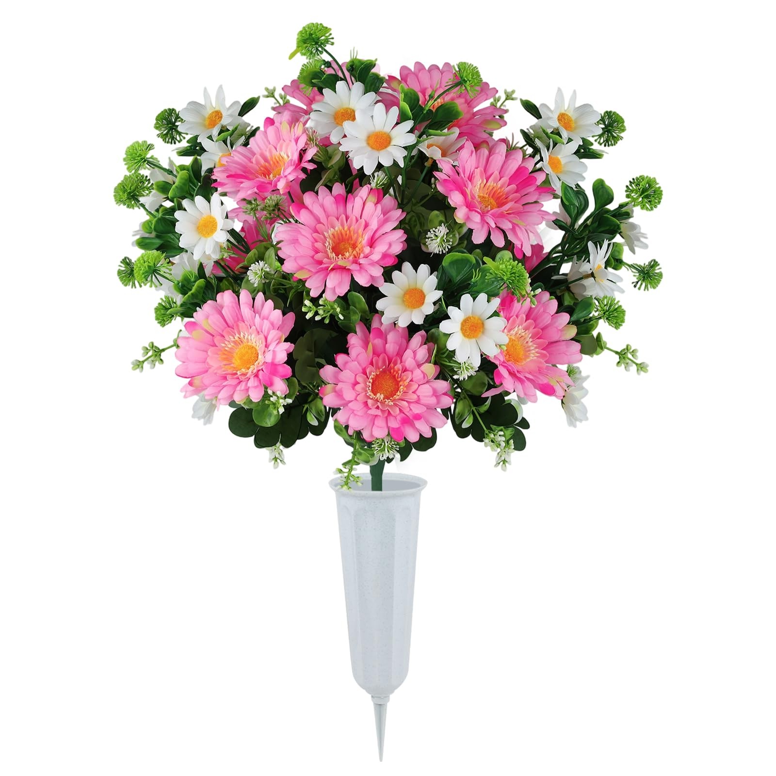 Artificial Cemetery Flowers for Grave with Vase, 24 Branches Daisy Fake Silk