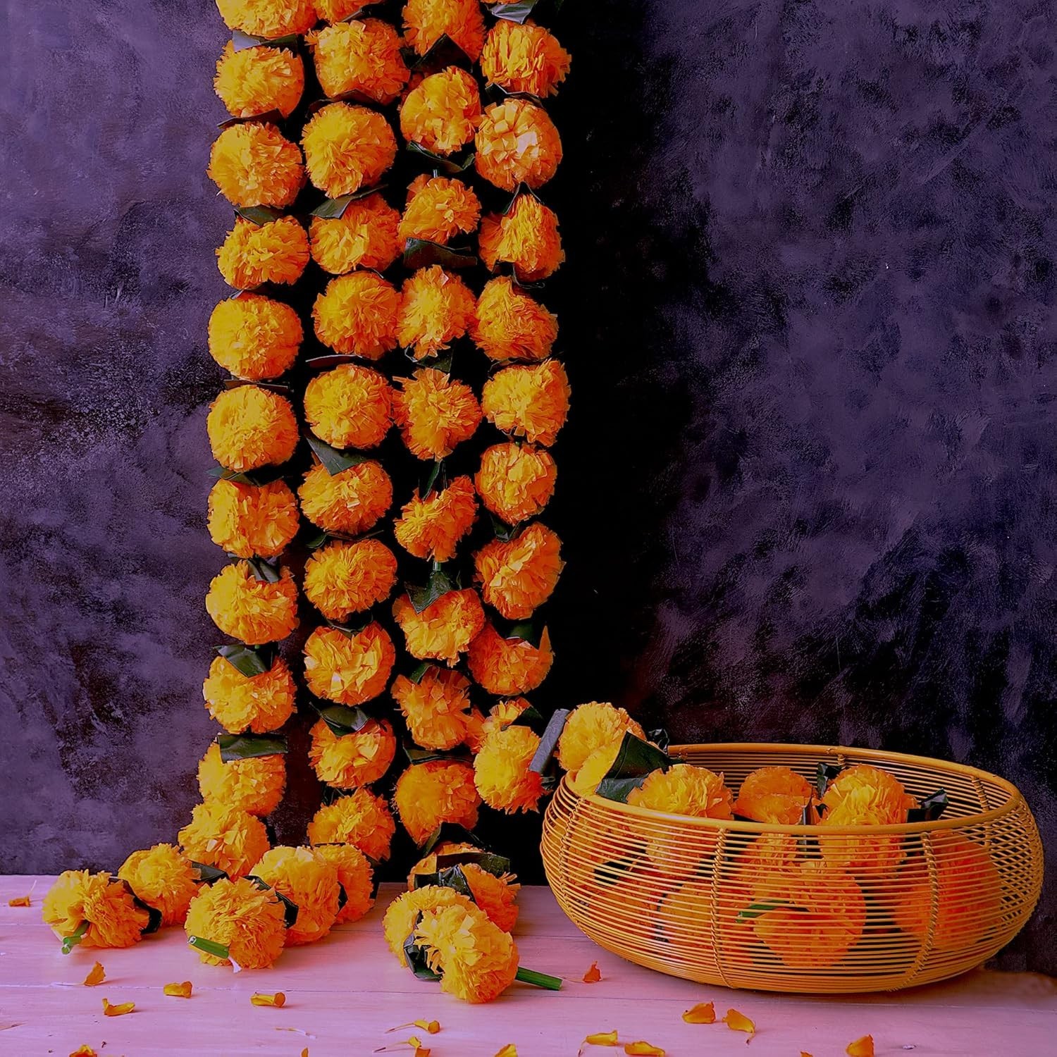Traditional 5-Pack Marigold Garlands – 4.5ft Length for Indian & American Events