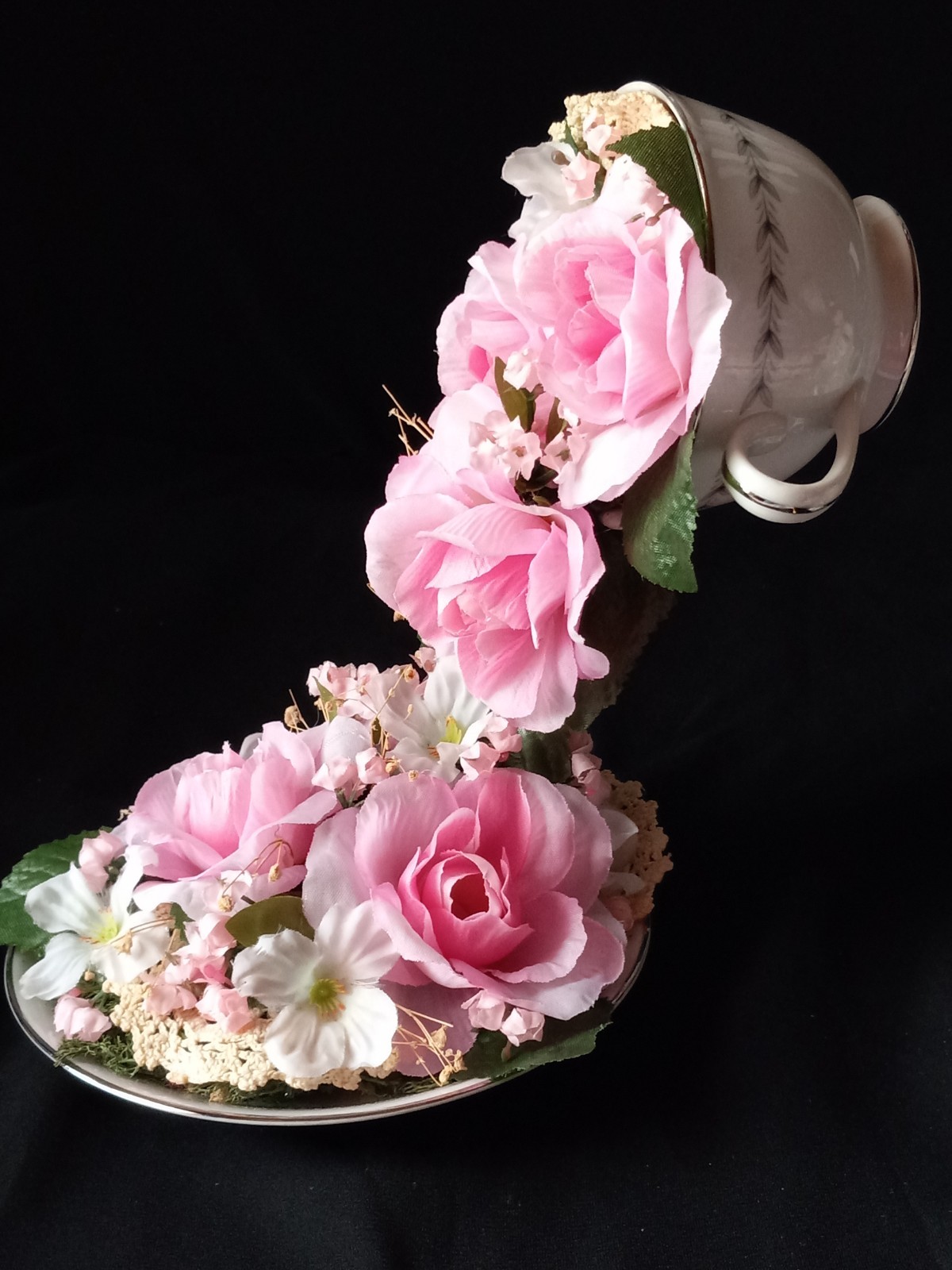 New Floral China Floating Teacup W Pink Floral Arrangement 8″ Tall #B FL#2