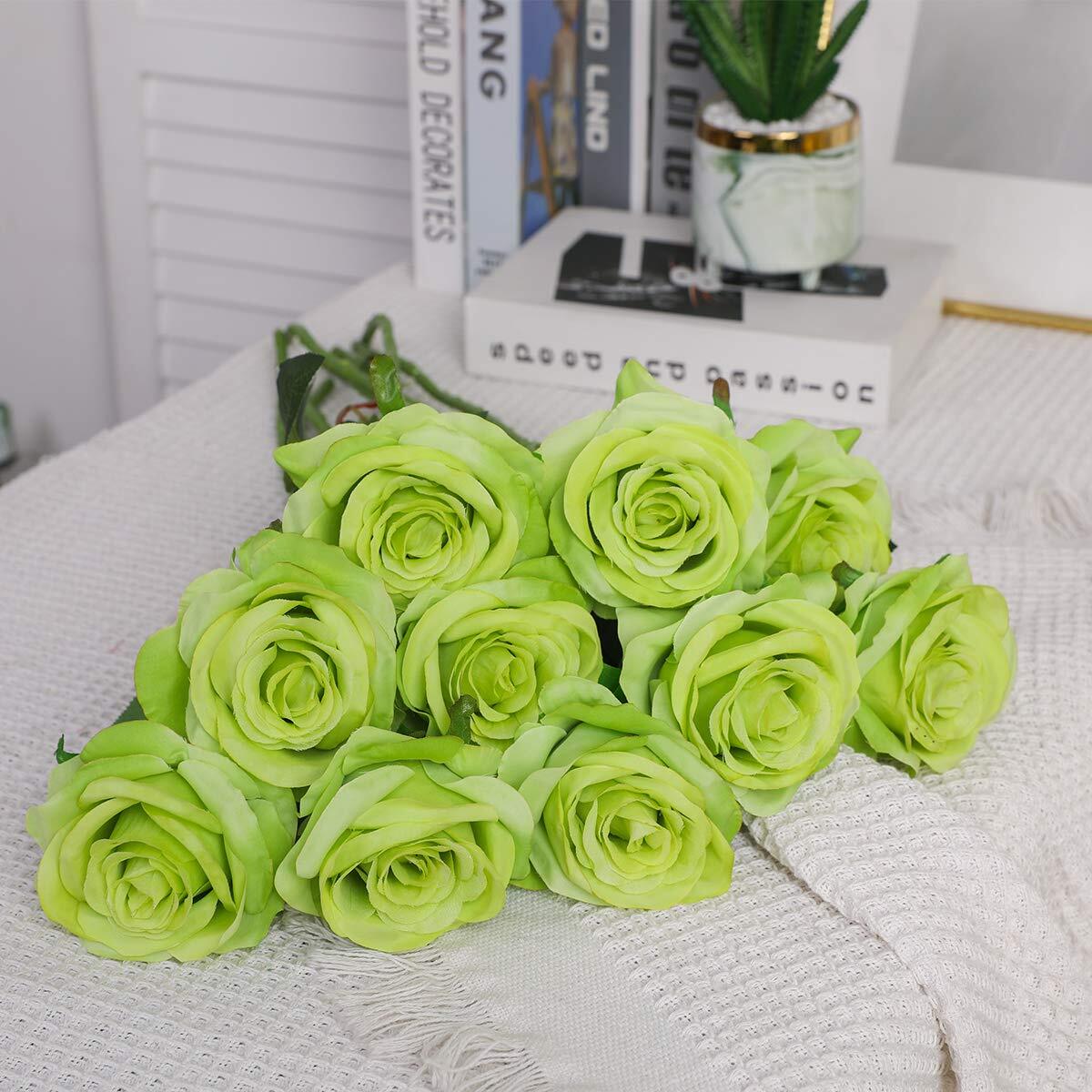 10pcs Green Artificial Silk Rose Flower Bouquet Lifelike Fake Wedding Home Decor