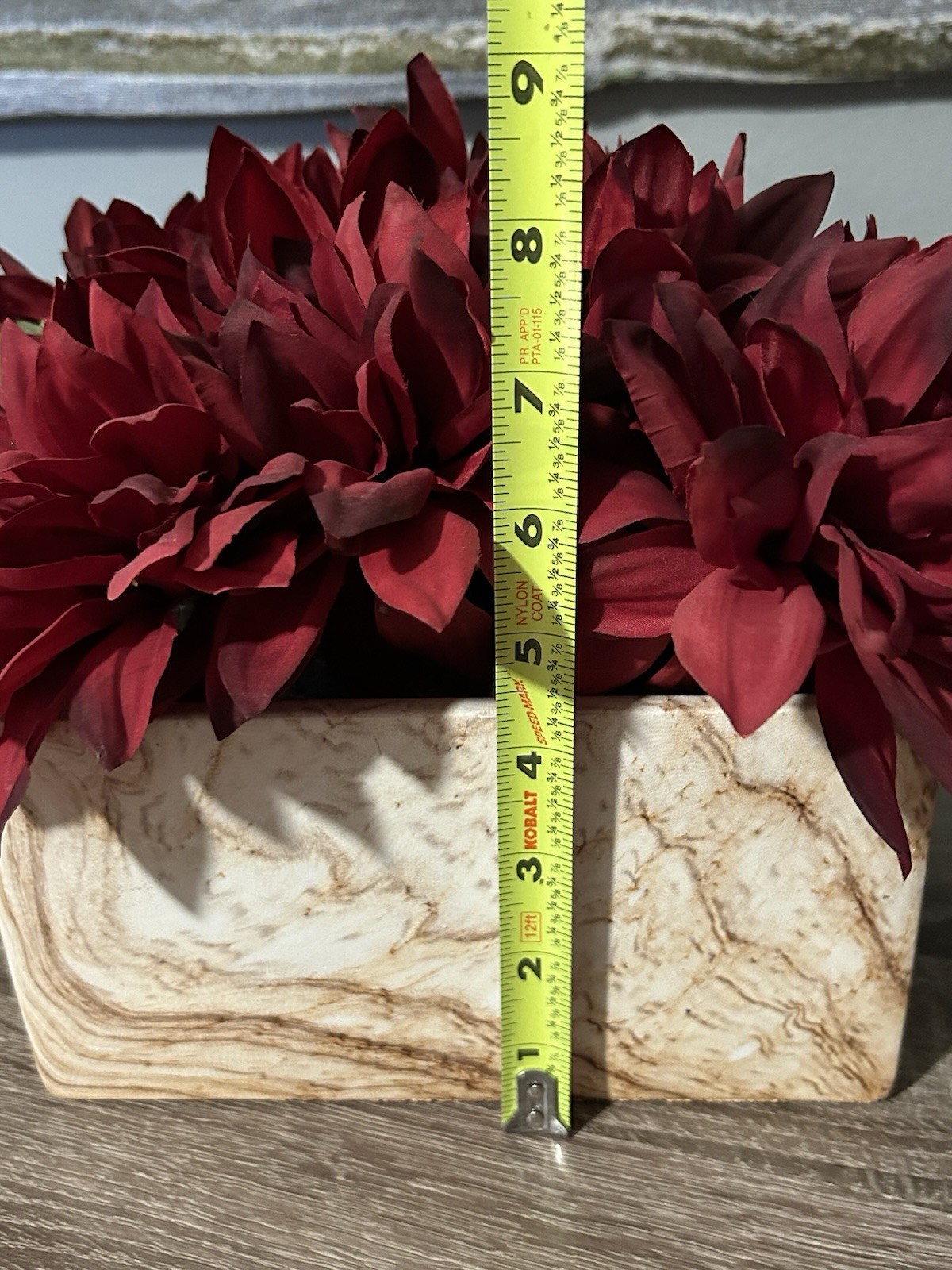 Heavy Faux Stone Planter Deep Red Silk Dahlias Floral Arrangement Centerpiece