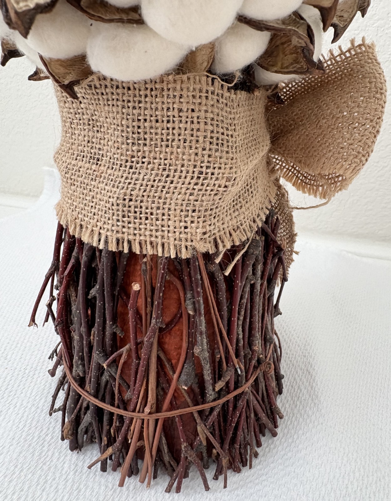 Cotton Stalk Bouquet Combined with Burlap Ribbon, Home Decor 13″x7″ (5″ at base)
