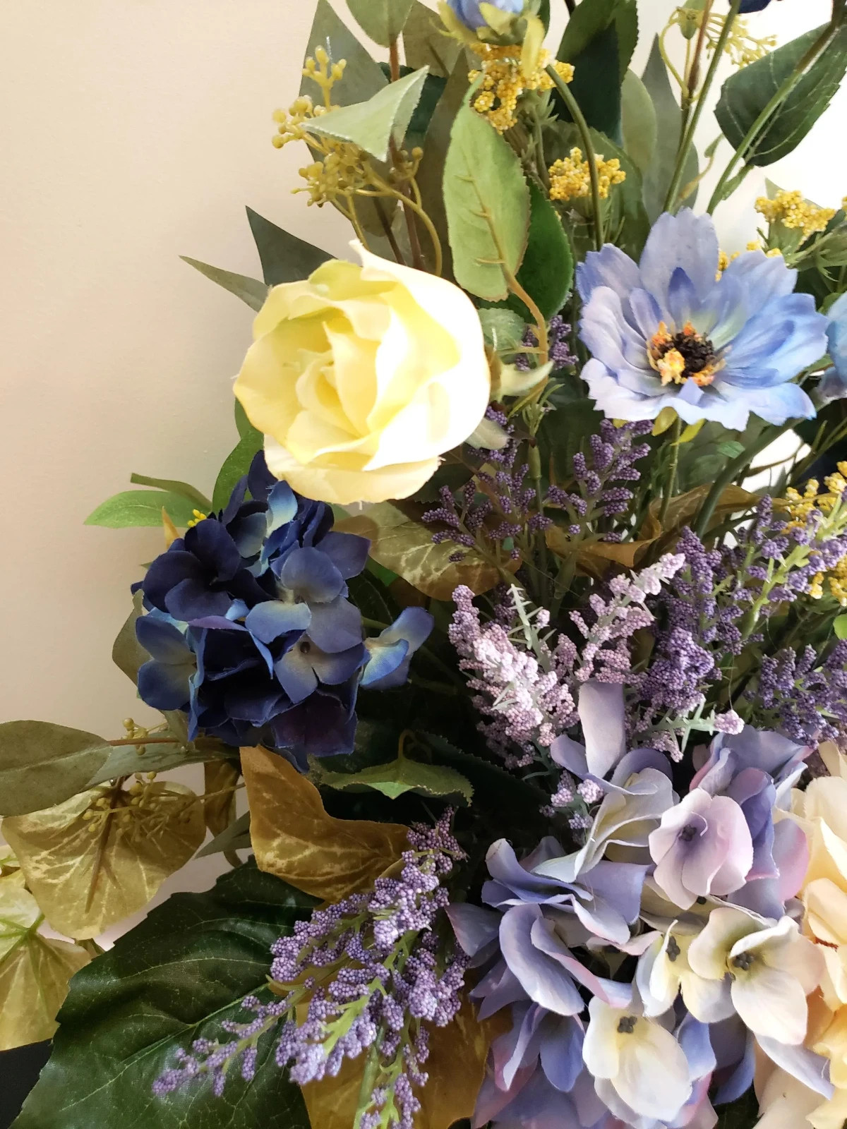 Blue Hydrangea Galvanized Door Basket, Farmhouse Floral Arrangement, Summer