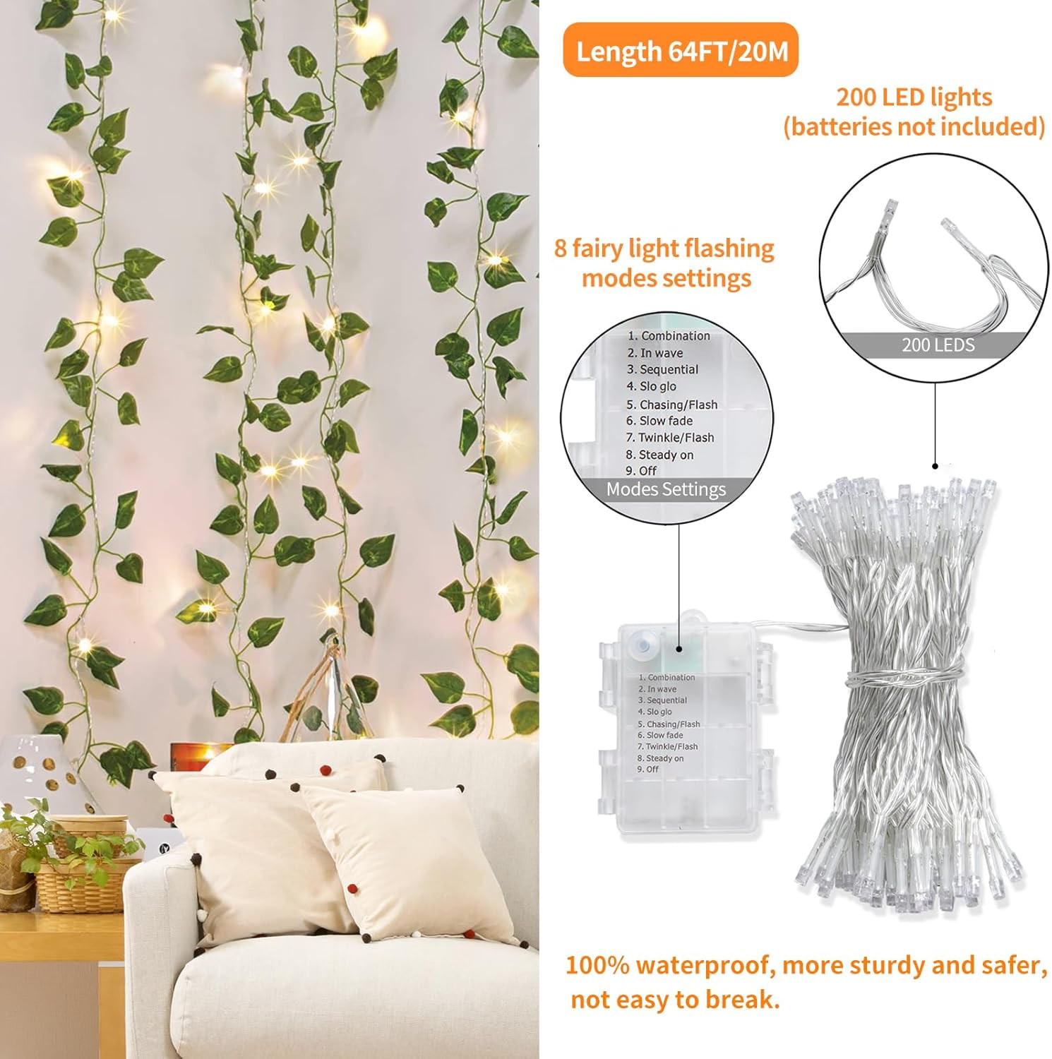24 Pack 173Ft Fake Ivy Vines, Artificial Ivy Garland with 200 LED String Lights,