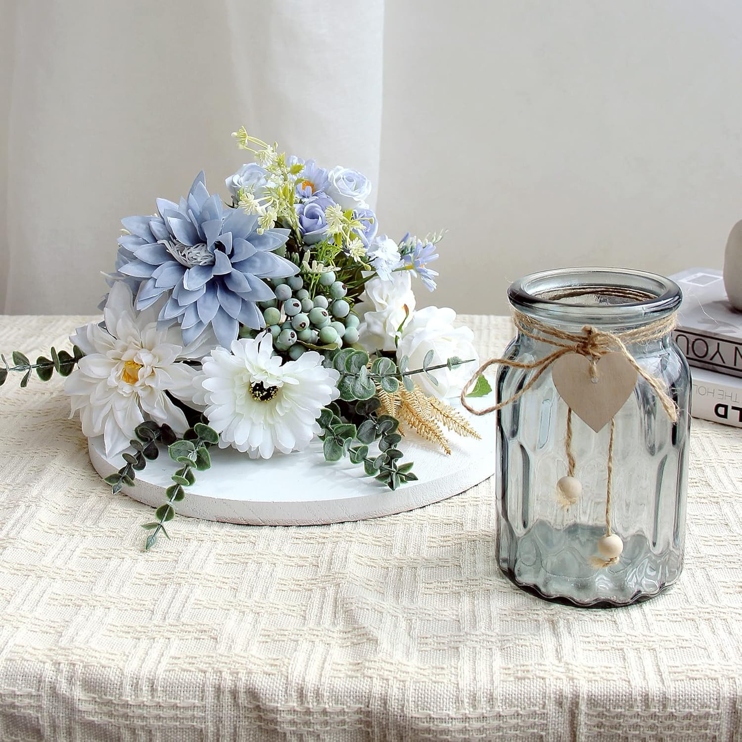 Fake Flowers with Vase, Silk Dusty Blue Rose Hydrangea Artificial Flowers in Vas