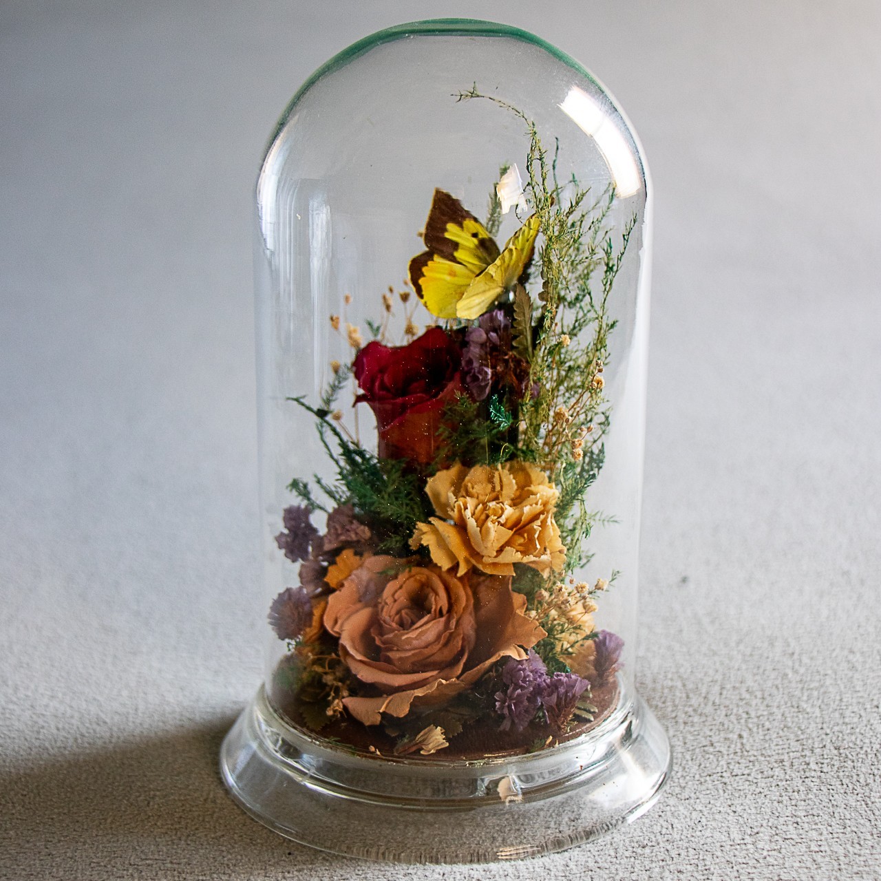 Vintage 80s 90s Natural Expressions Dried Roses Glass Terrarium Butterfly 8″x5″
