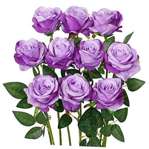 10PCS Artificial Roses Flower with Stems Slik Fake Flowers Light Purple