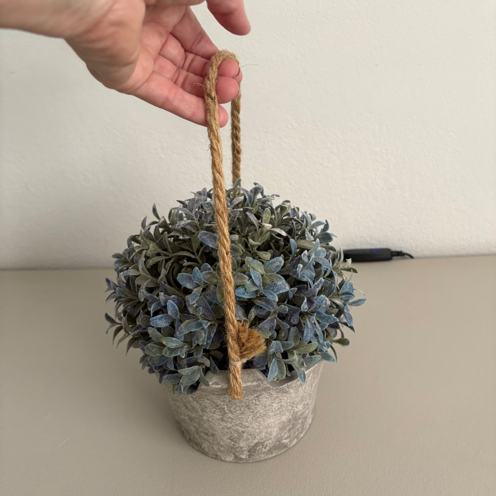 Faux Frosted Greenery Plant in Rustic Gray Pot with Jute Rope Handle Farmhouse