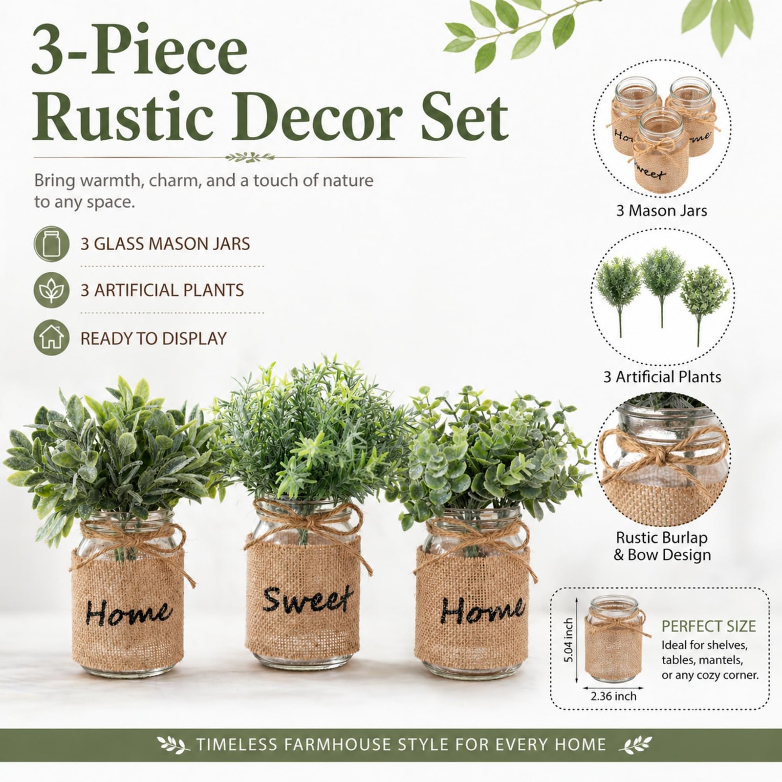 3 Pcs Spring Mason Jar Table Centerpiece Decor Small Fake Plants Farmhouse Ru…