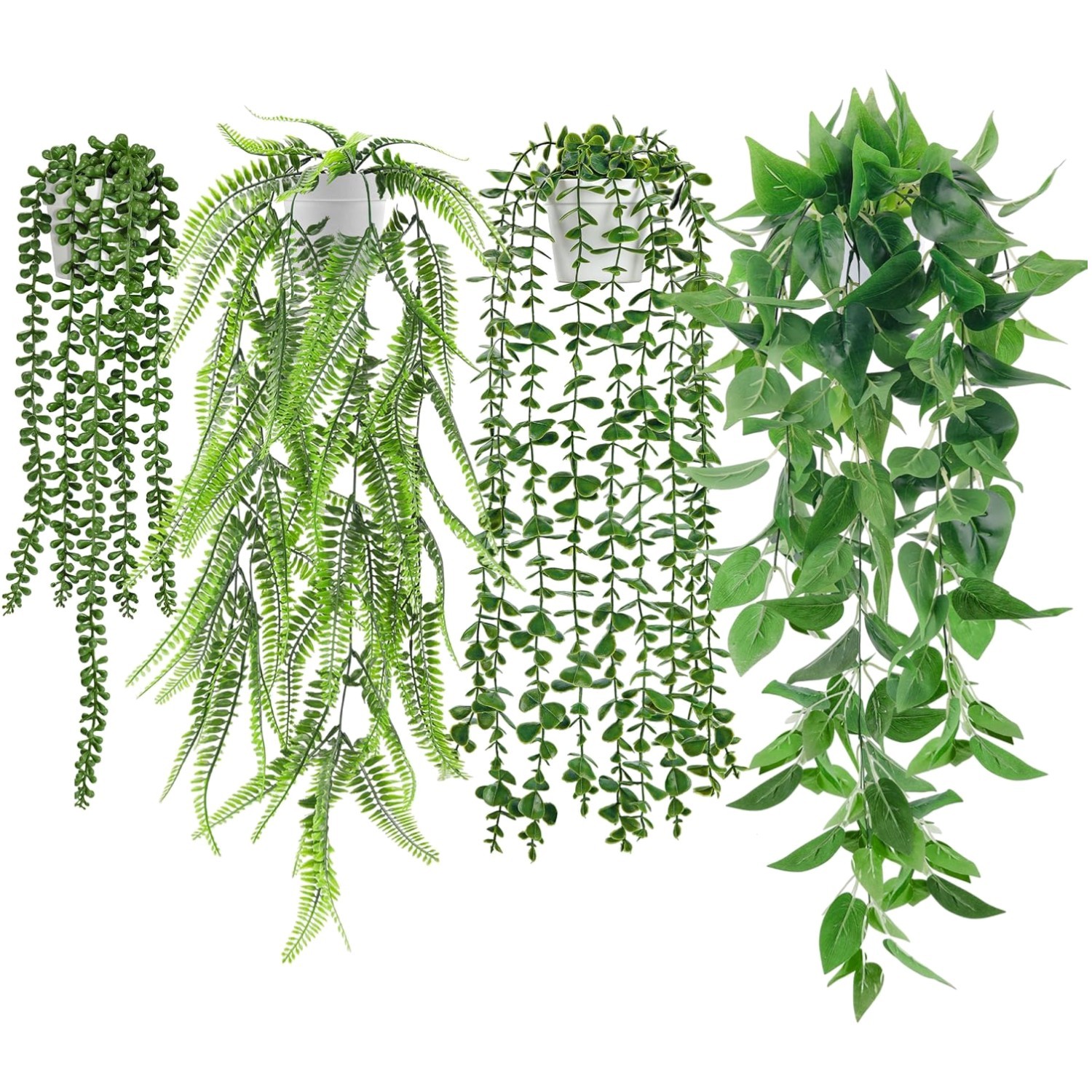 Boho Artificial Plant Set – 4Pcs Hanging Ivy, Fern & String of Pearls Decor