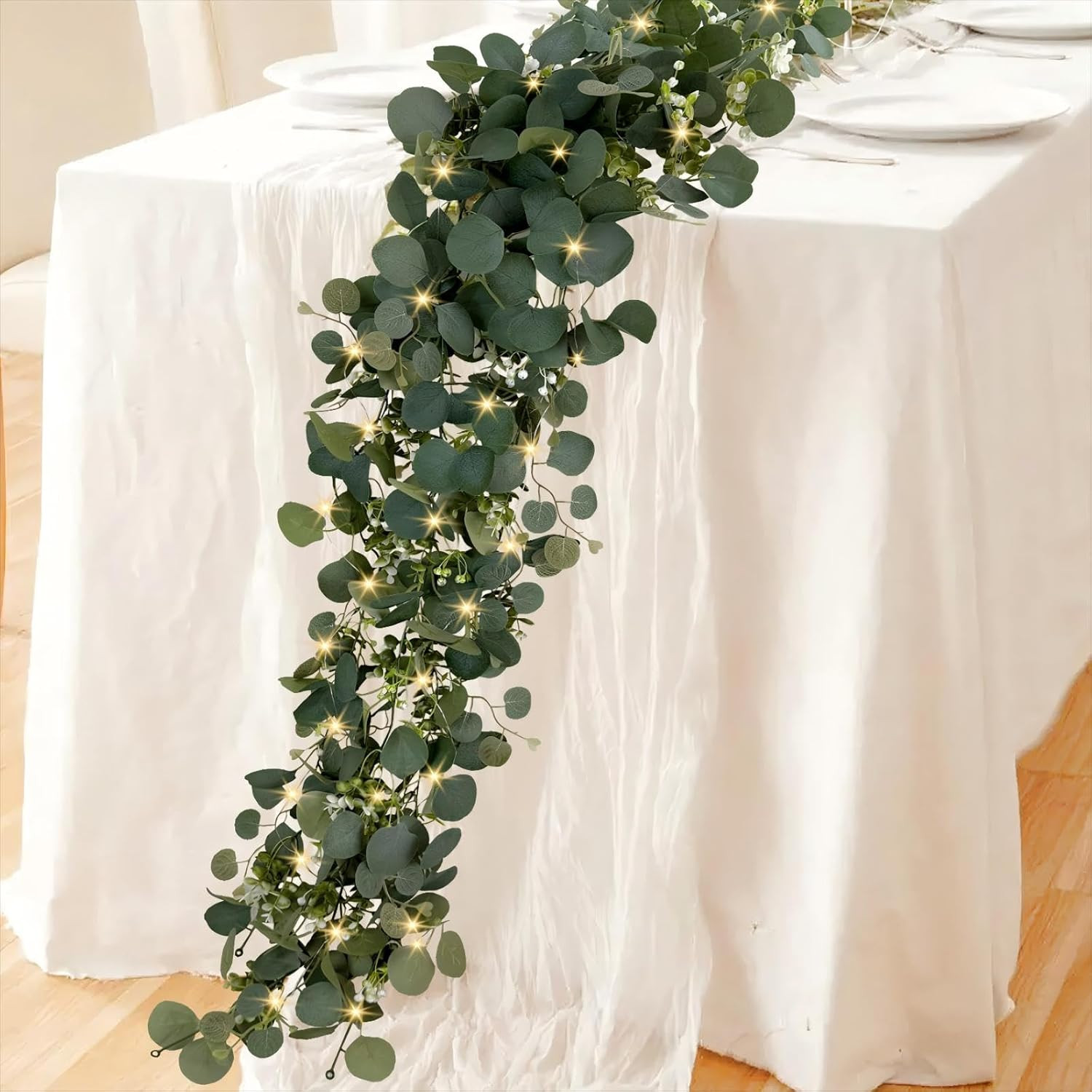 Eucalyptus Garland with Lights, 2 Packs 6FT Green Flower Garland Decor, Artifici