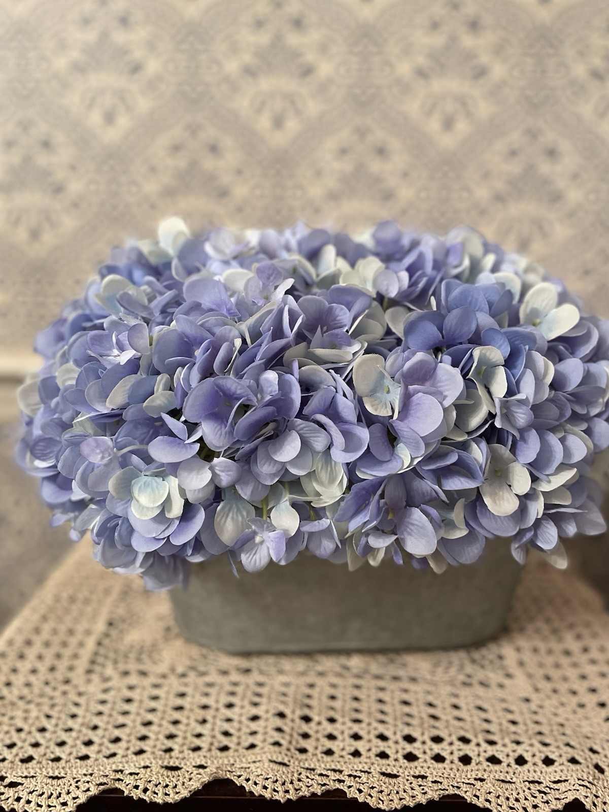 Blue Hydrangeas Silk Floral Table Arrangement In Metal Planter 12” Wide