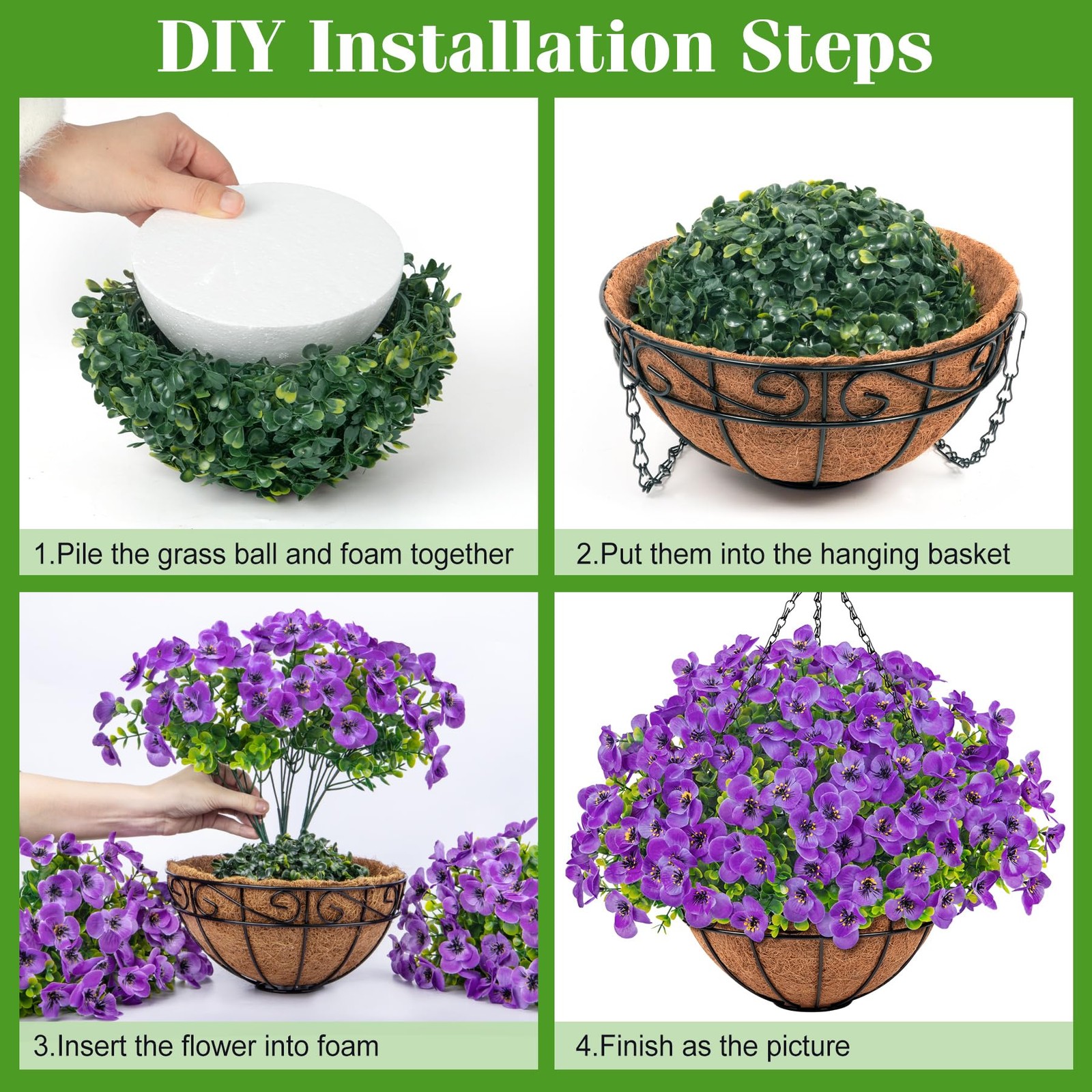 Artificial Hanging Pansy Flowers with Baskets for Outdoors, Purple