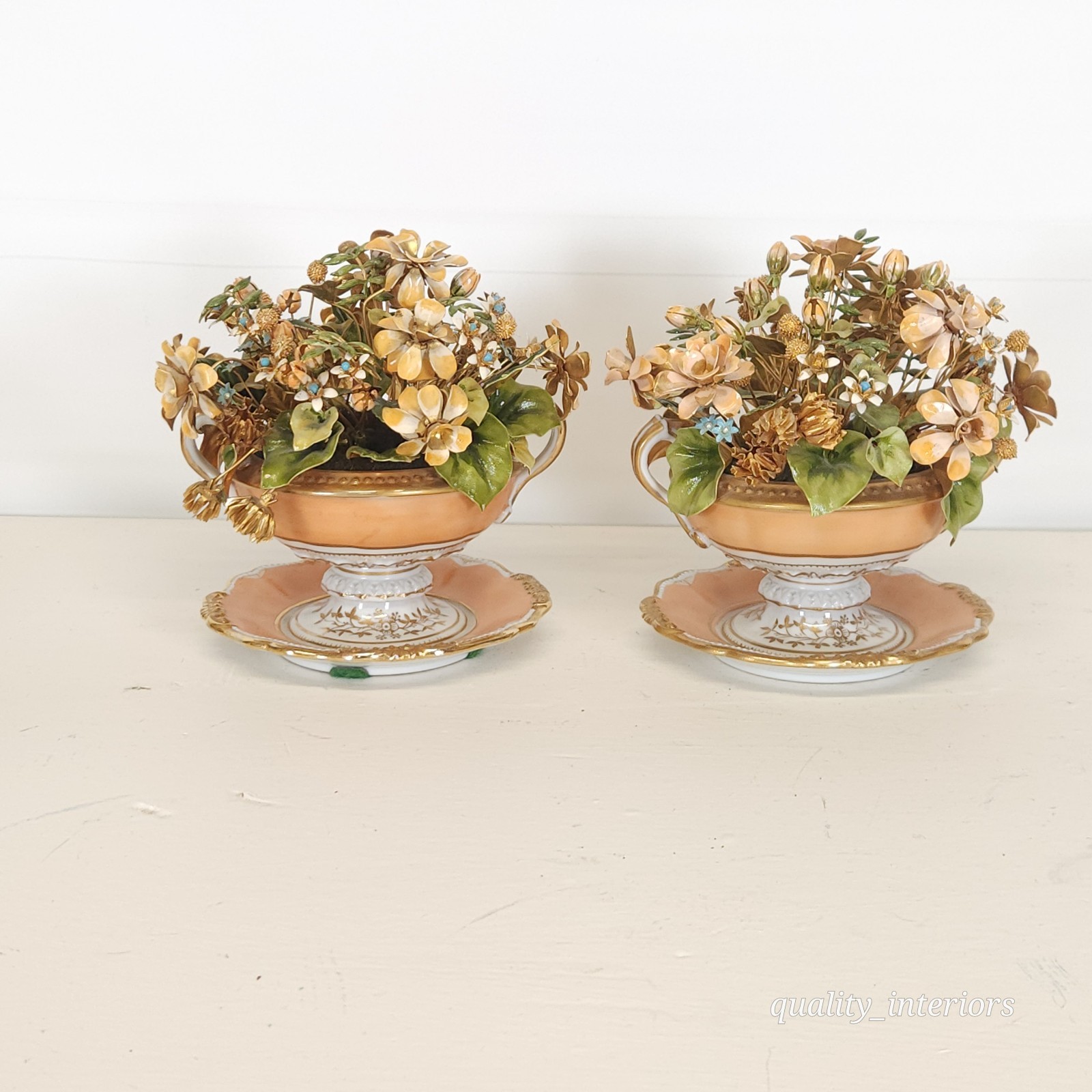 Pair Jane Hutcheson for Gorham Apricot Teacup & Saucer Floral Arrangement