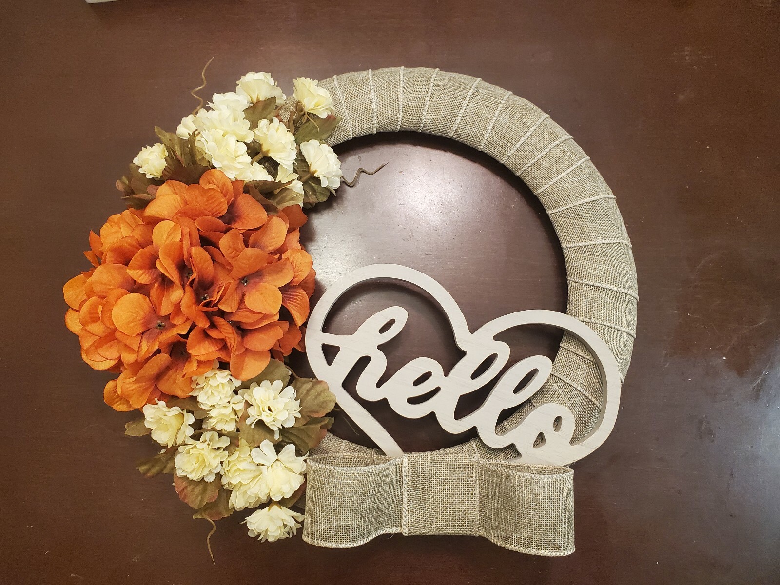 FLOWER Hydrangeas burlap WREATH Heart HELLO FALL autumn Decor Front Door 15″
