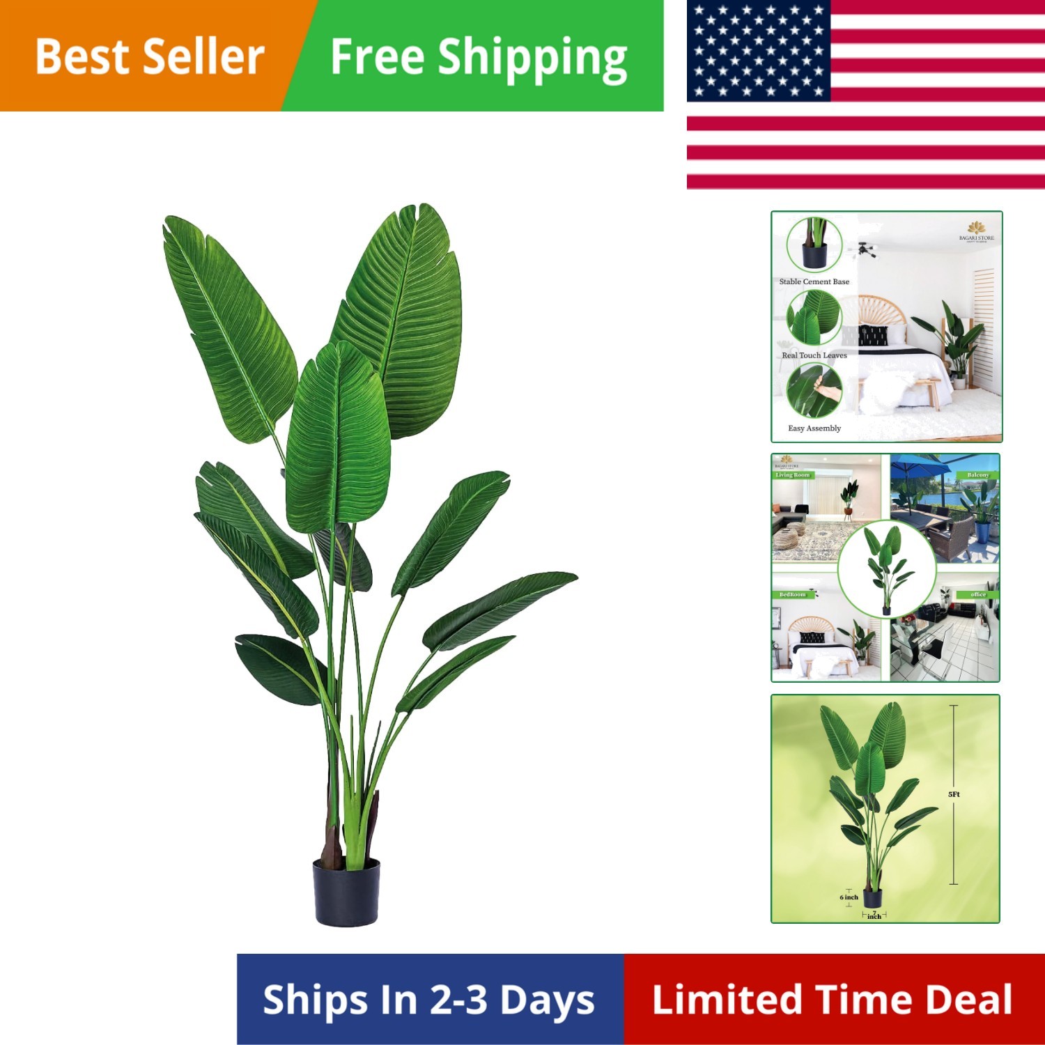 One 5 Foot Artificial Silk Bird of Paradise Palm Tree Potted Plant by Bagari