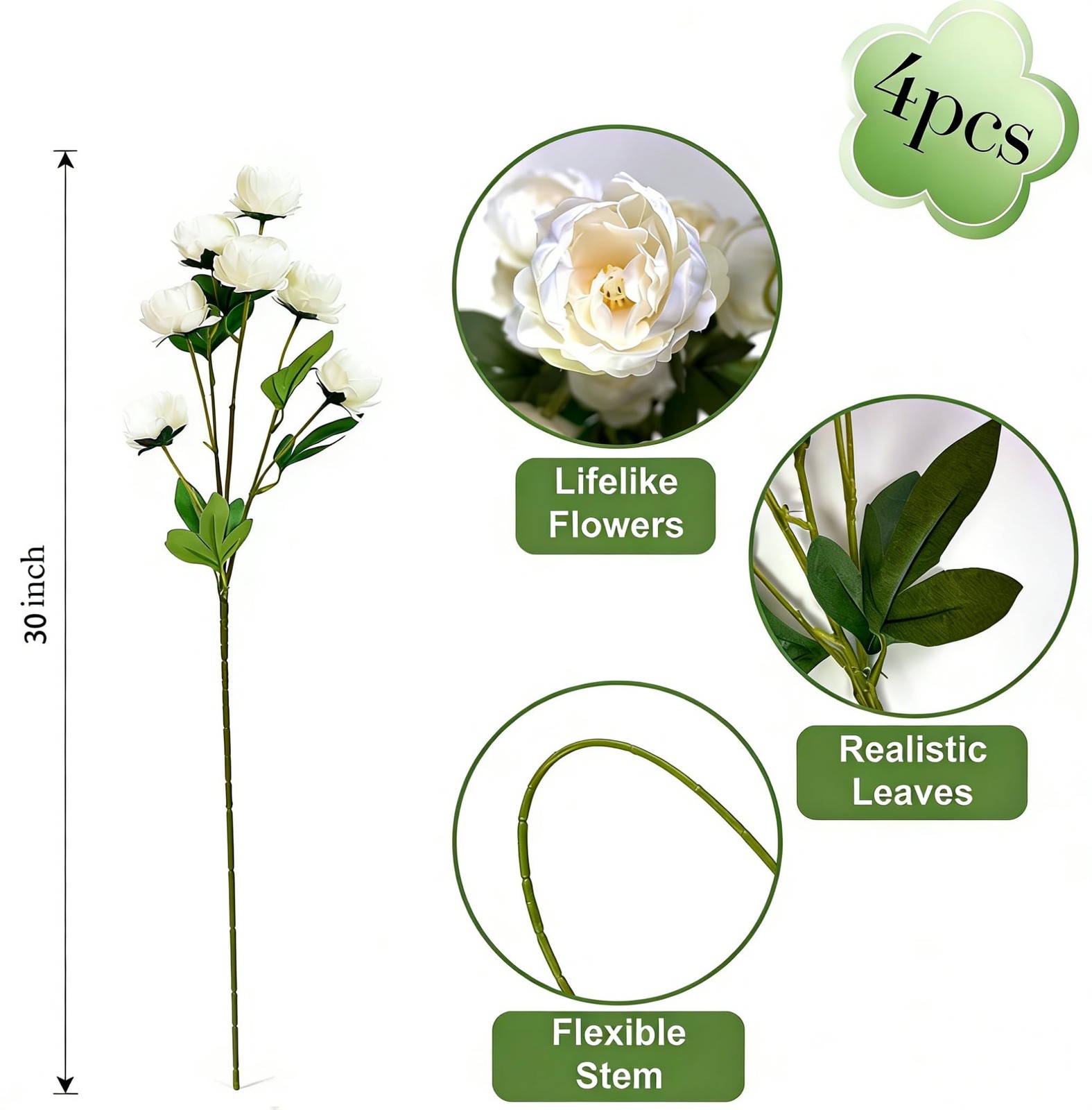 Peonies Artificial Flowers for Vase, 4PCS 7 Head Real Touch White Peony Stems…