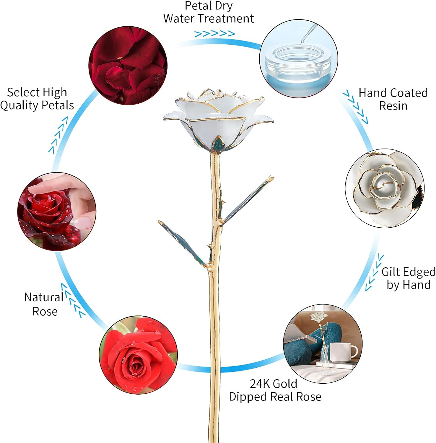 24K Gold Dipped Real Rose Lasted Forever with Stand, White Gold Rose Gifts