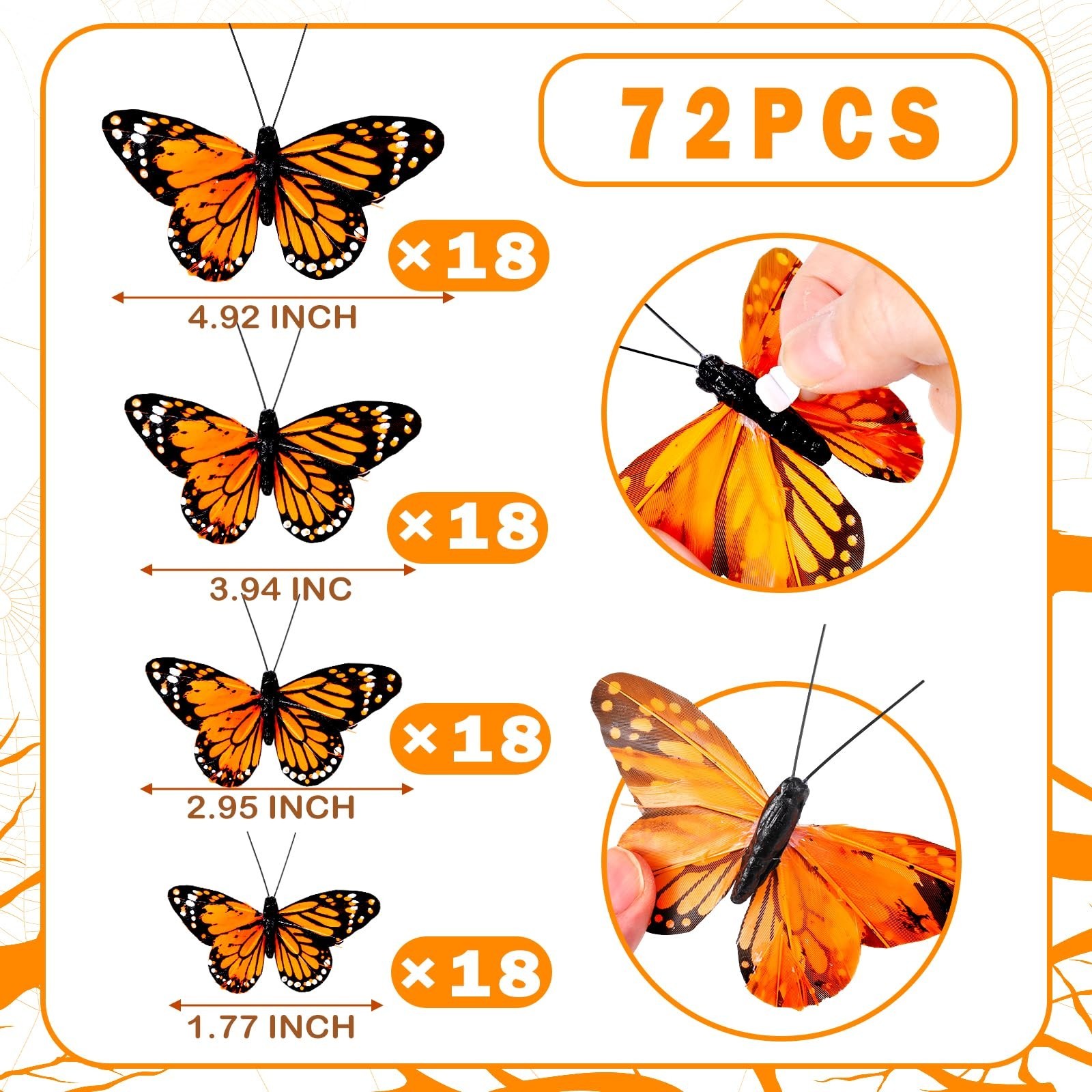 72 Pcs Monarch Butterfly Decorations – Artificial Feather Picks for Spring Party