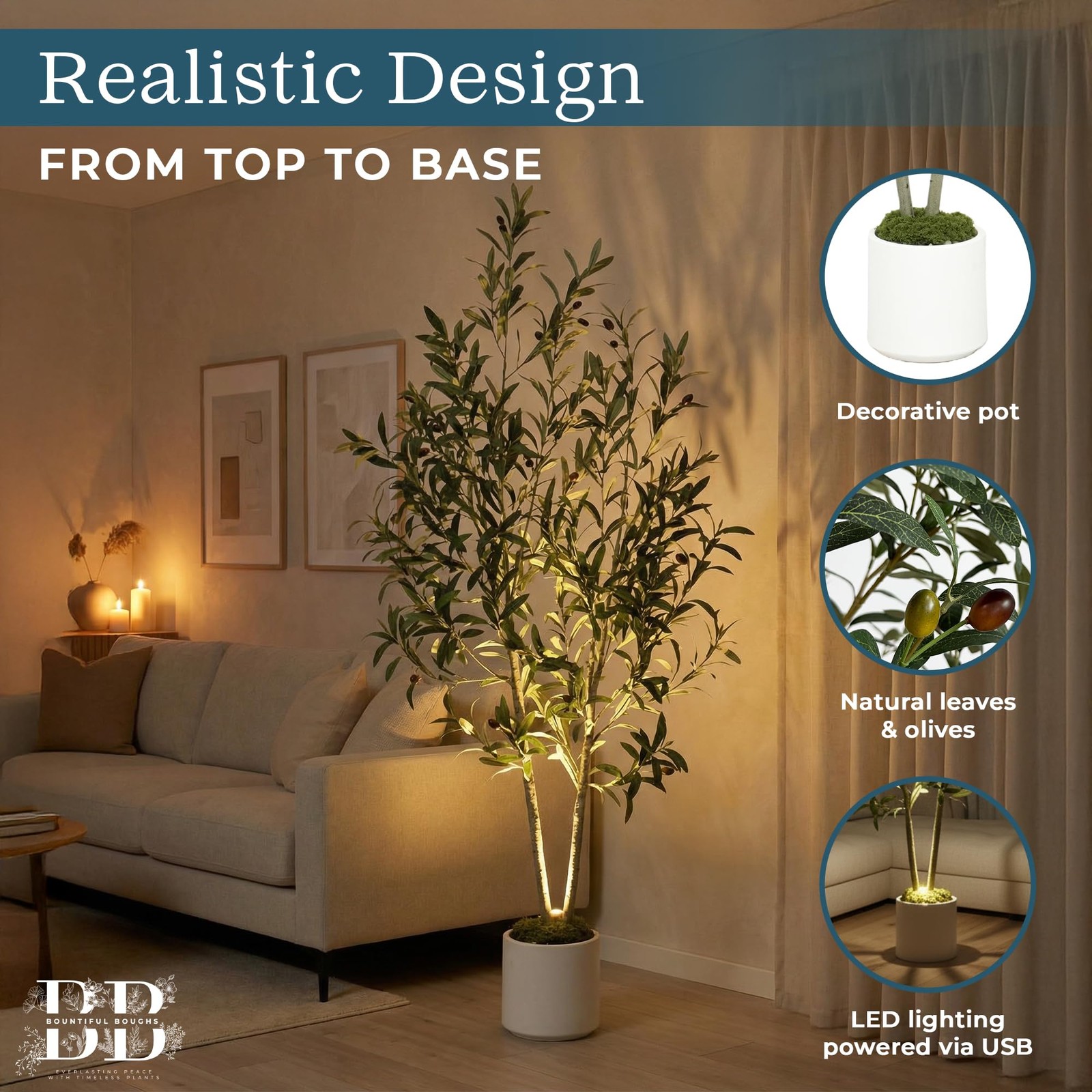 5ft (150 cm) Artificial Olive Tree with White Pot, Moss & USB LED – 711 Leave…
