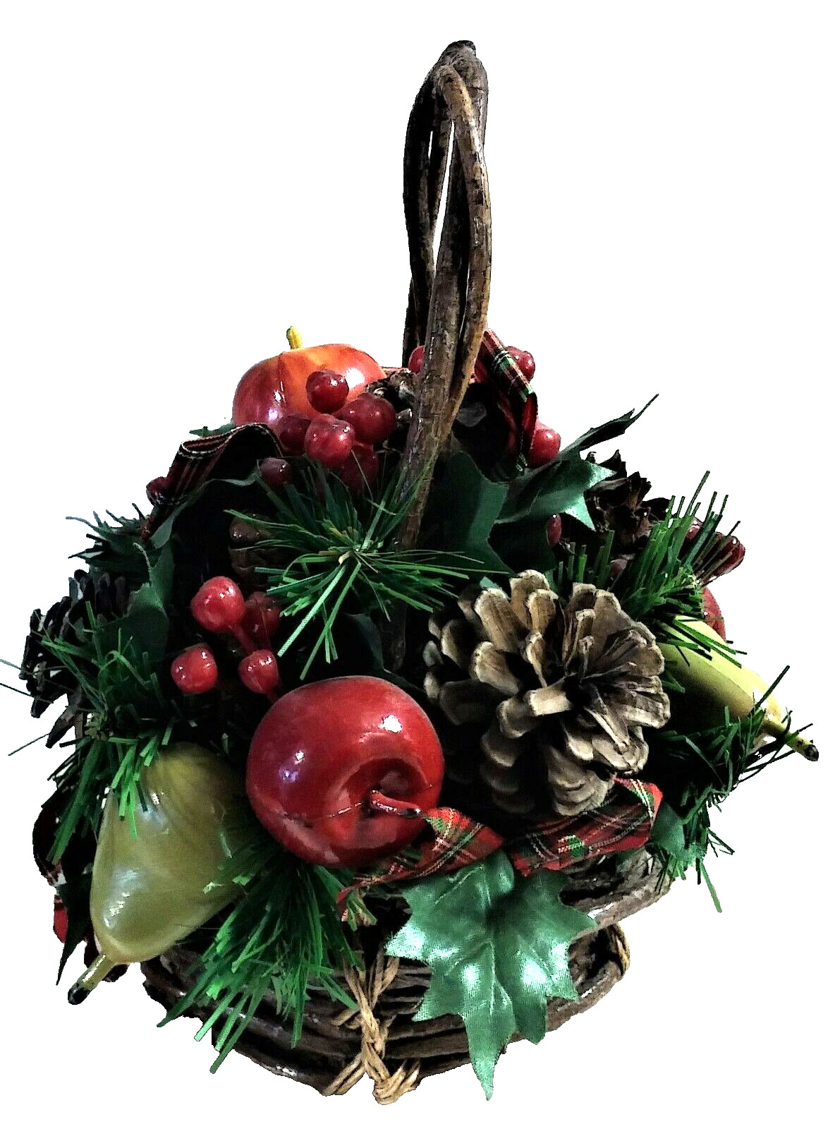NWT Artificial Christmas Fruit & Greenery Rustic Basket w/Cones & Ribbon 9″Tall