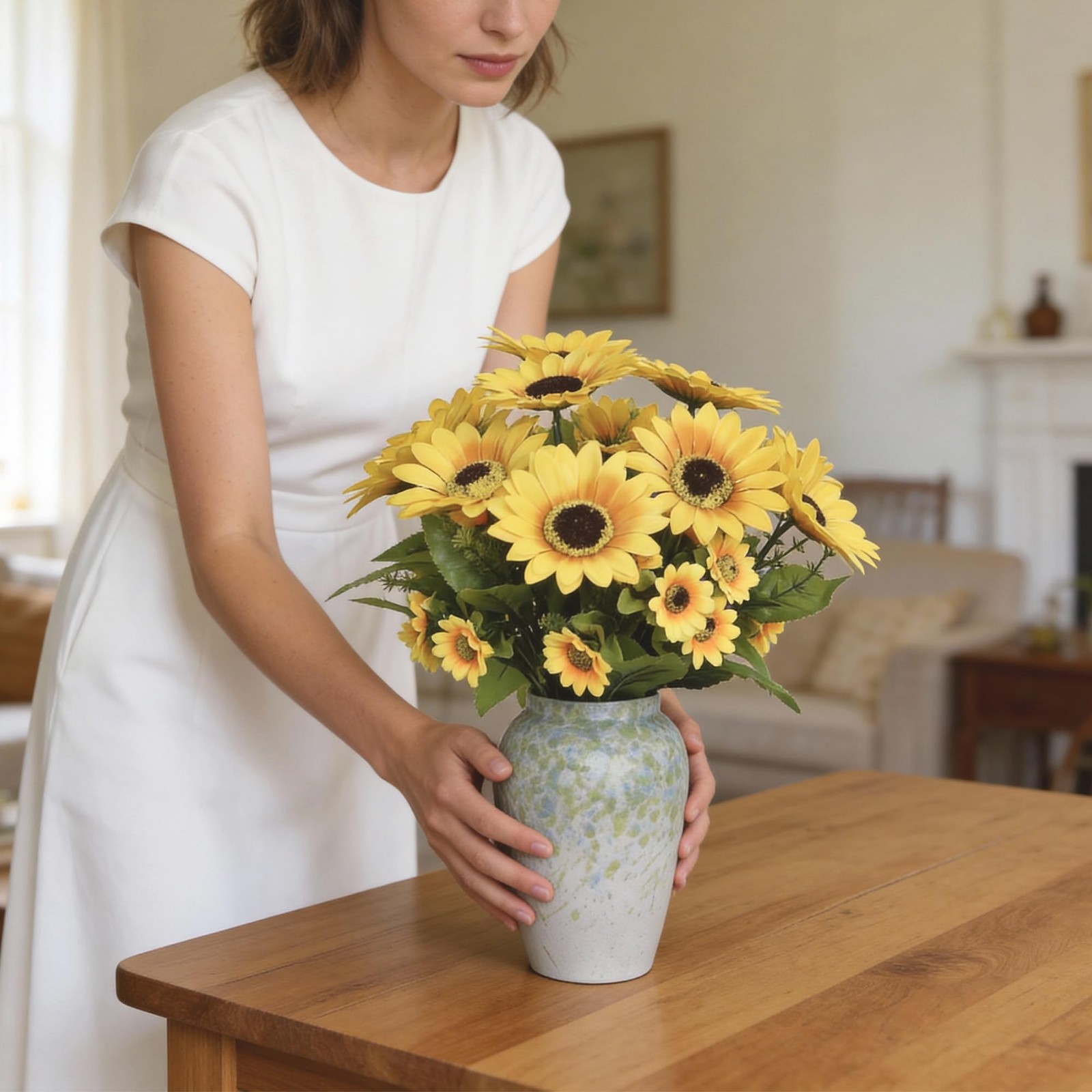 14″ Artificial Sunflowers Arrangement in Green & Blue Speckled Ceramic Vase â€“