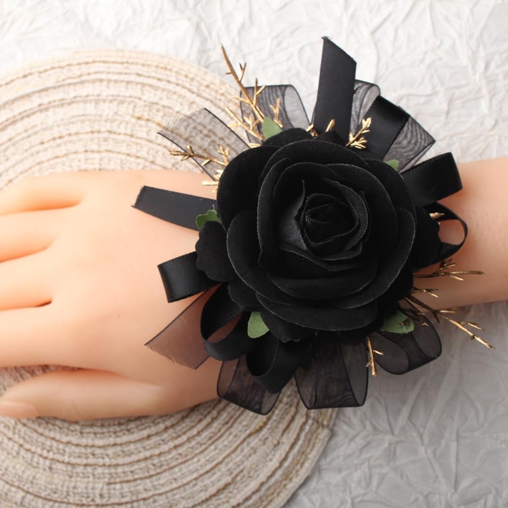 2 PCS Black Rose Wrist Corsage Wristlet Boutonniere Set Wedding Prom Flower