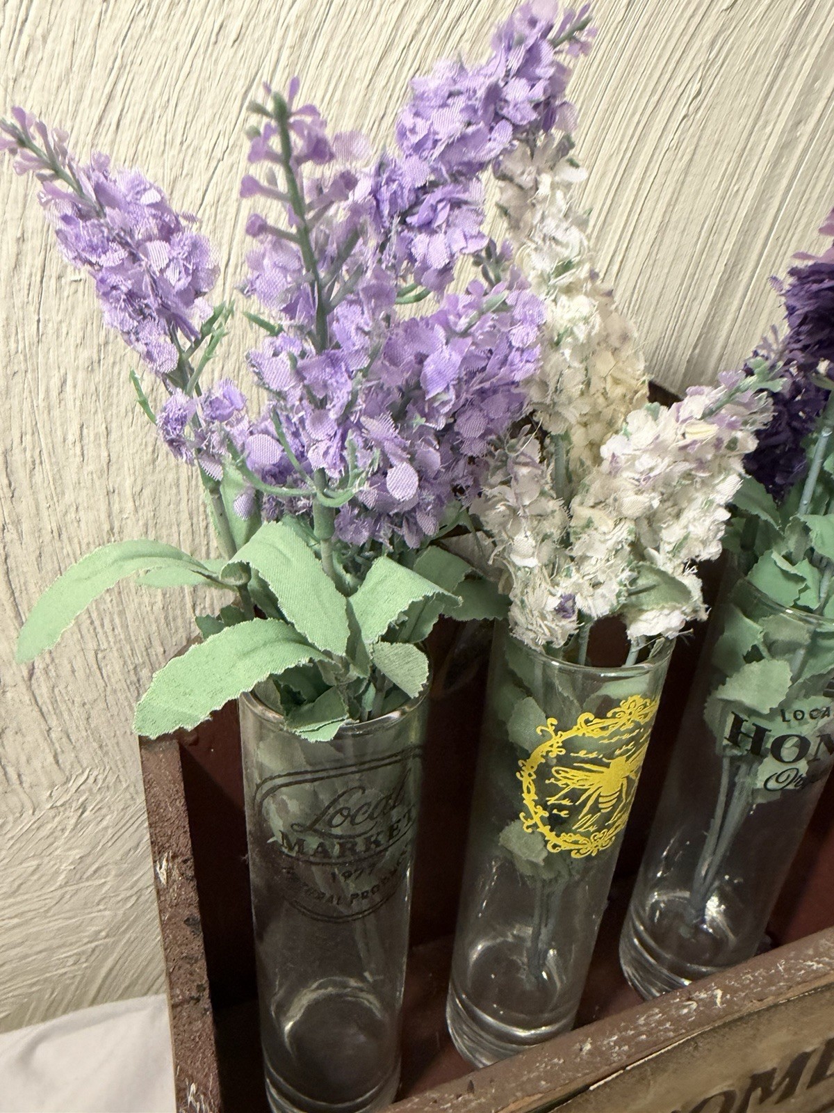 Welcome Spring Artificial Lavender Flowers Wooden Box Glass Set 3