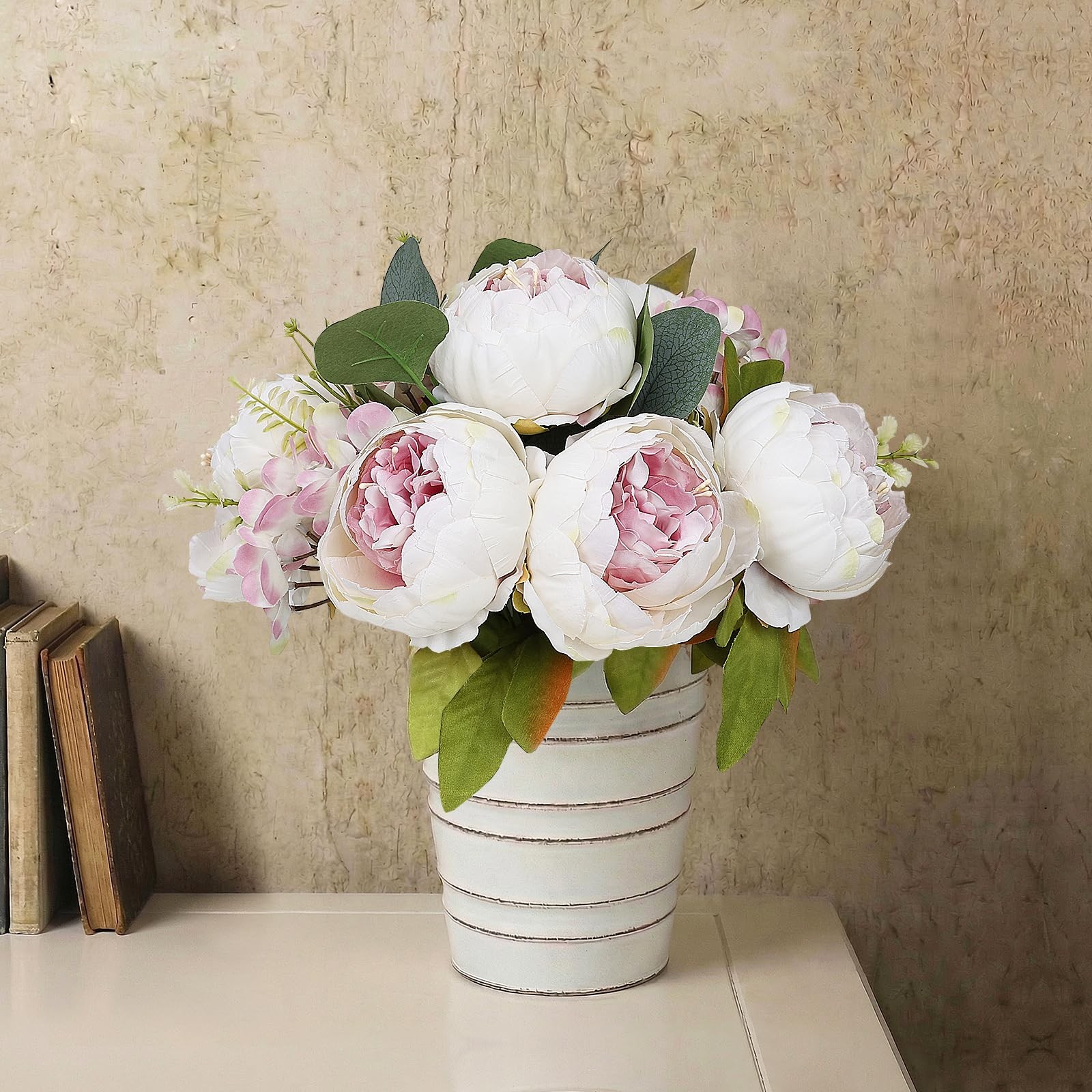 Peonies Artificial Flower Table Centerpieces – 10 Inches Tall Faux Silk Flora…