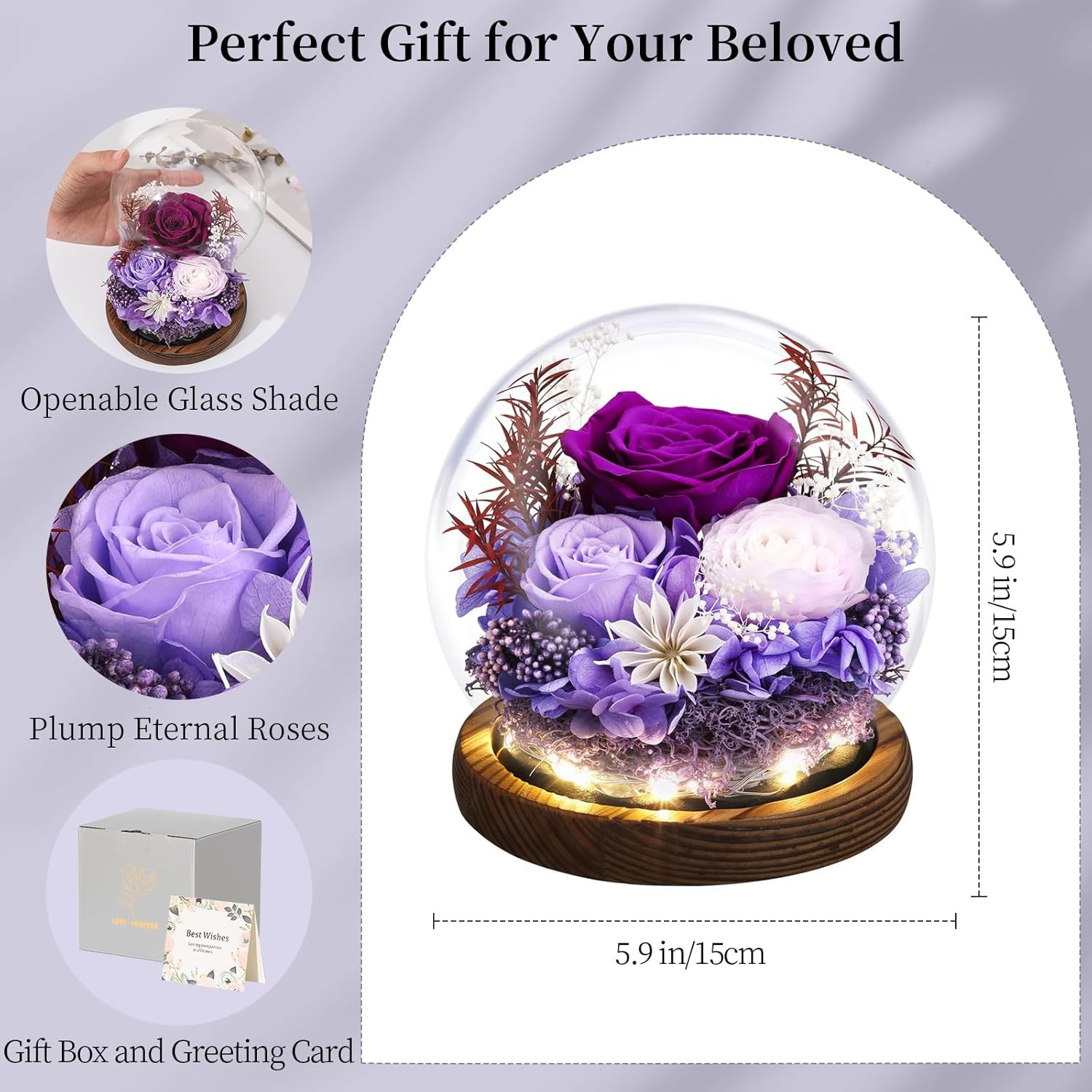 Eternal Rose Gifts for Mom in Glass Dome with LED Light