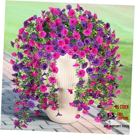 Artificial Hanging Petunias Flowers for Outdoor, 2pcs Dark Purple Light Purple