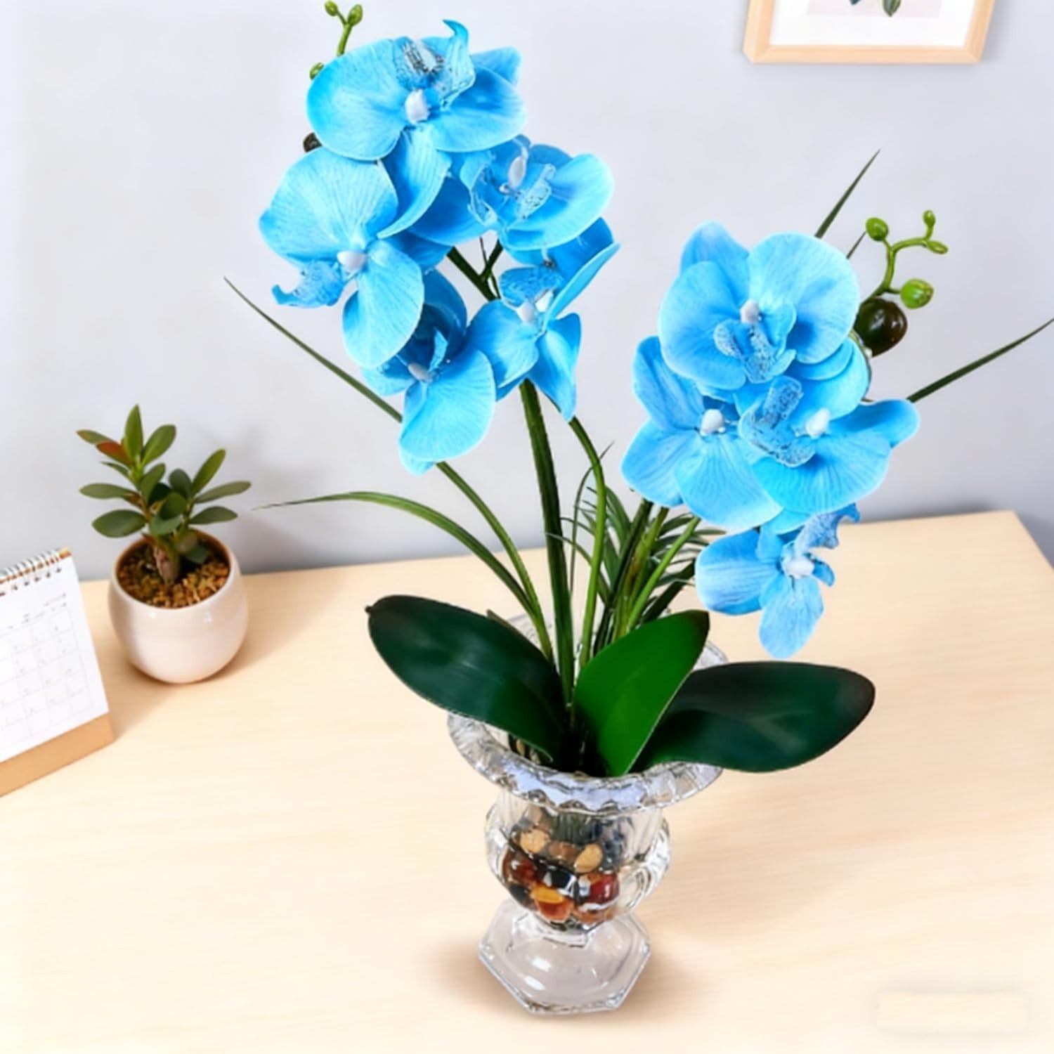 Elegant Artificial Blue Orchid in Weighted Glass Vase – 14.5 Inch Centerpiece