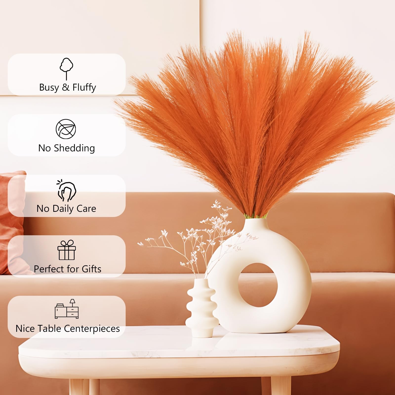 50pcs Burnt Orange Faux Pampas Grass Decor, 21.6″ Short Artificial Fall Pompo…