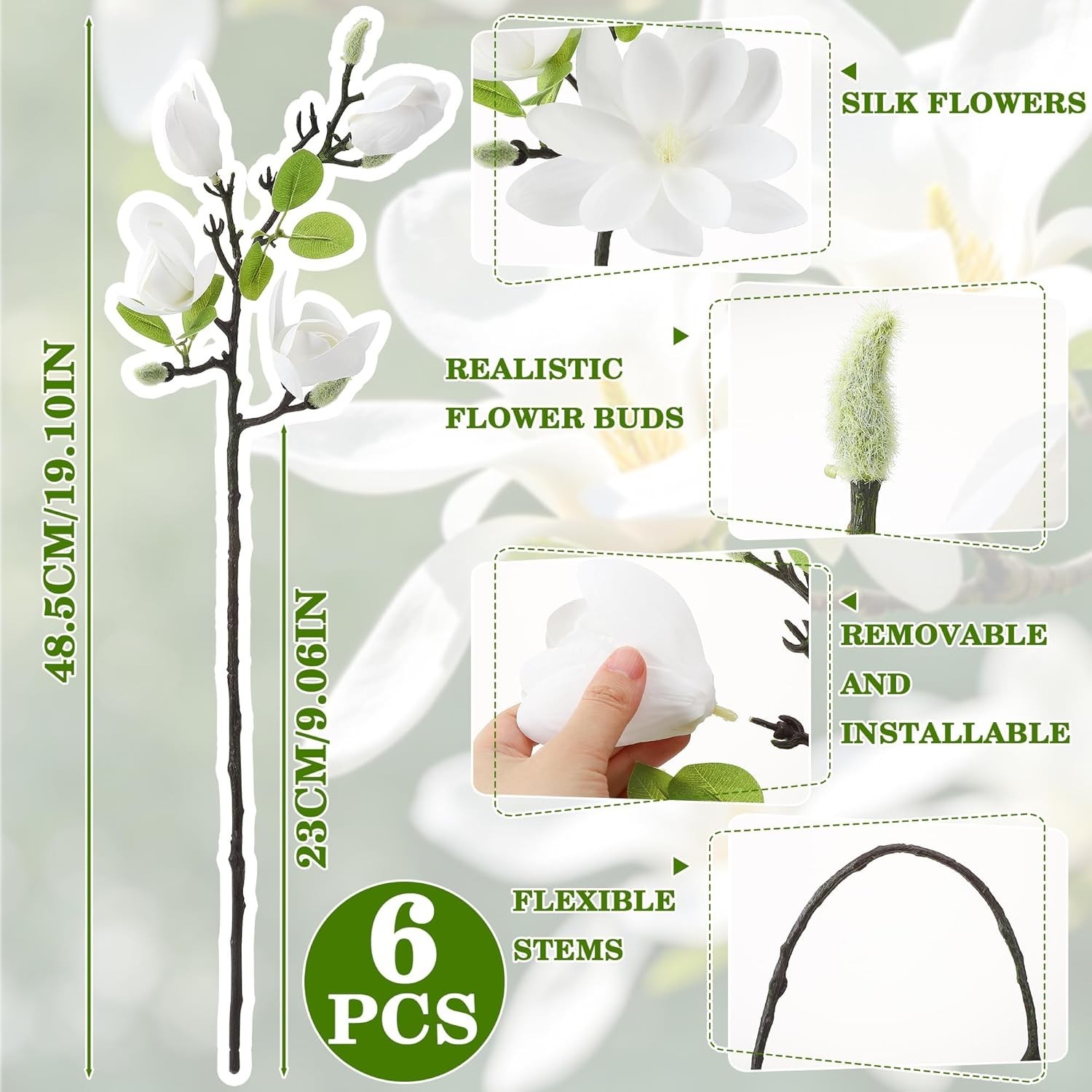 6 PCS Artificial Magnolia Flowers Stems 19.1 Inch Fake White Flora Branches R…