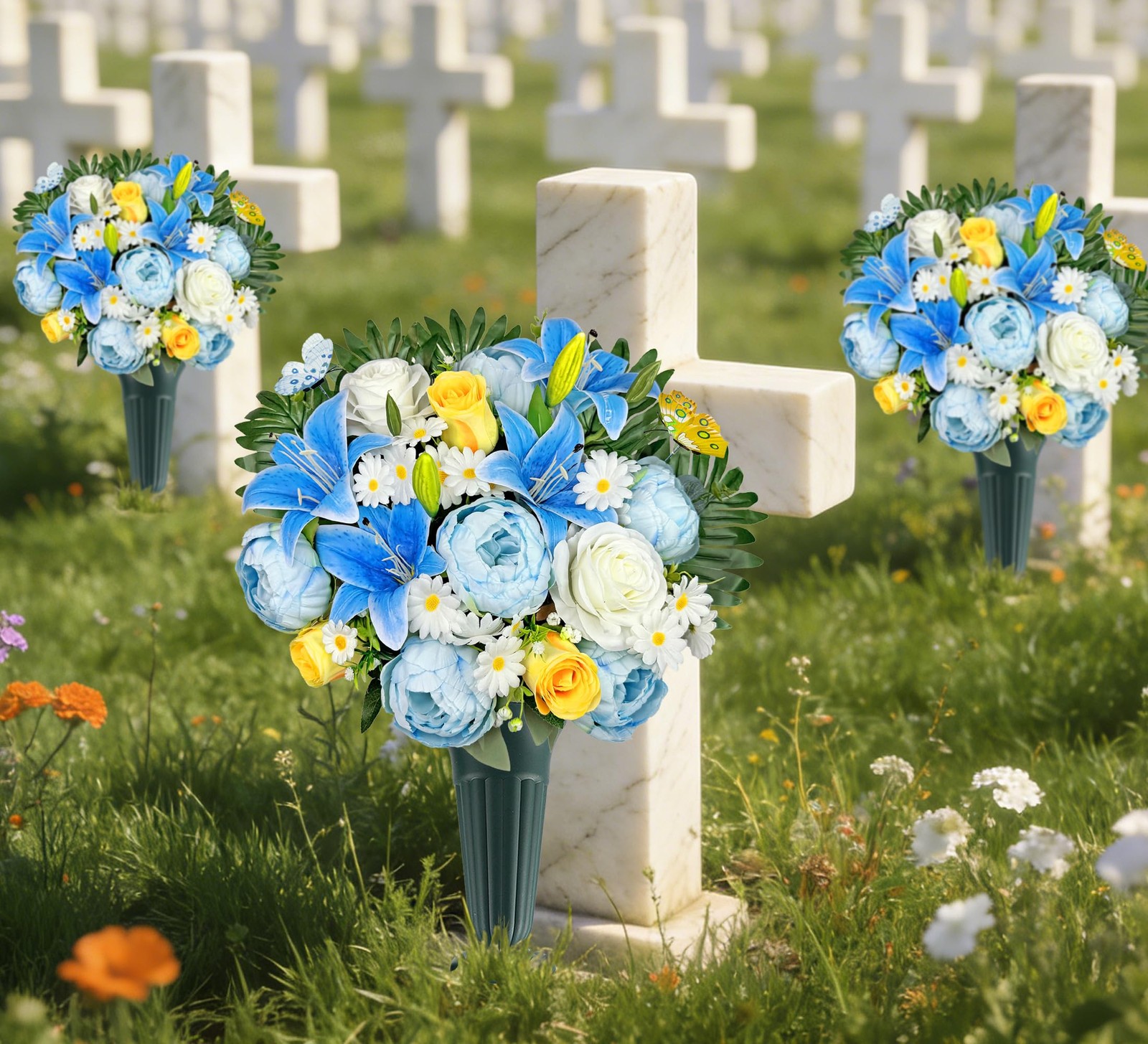 Artificial Cemetery Flowers for Grave Decorations Gravesite Flowers of Blue P…