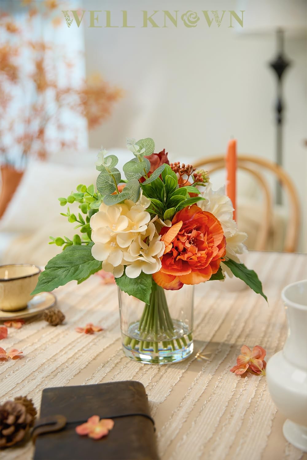 Artificial Flowers in Glass Vase with Fake Water, Burnt Orange & Champagne Si…