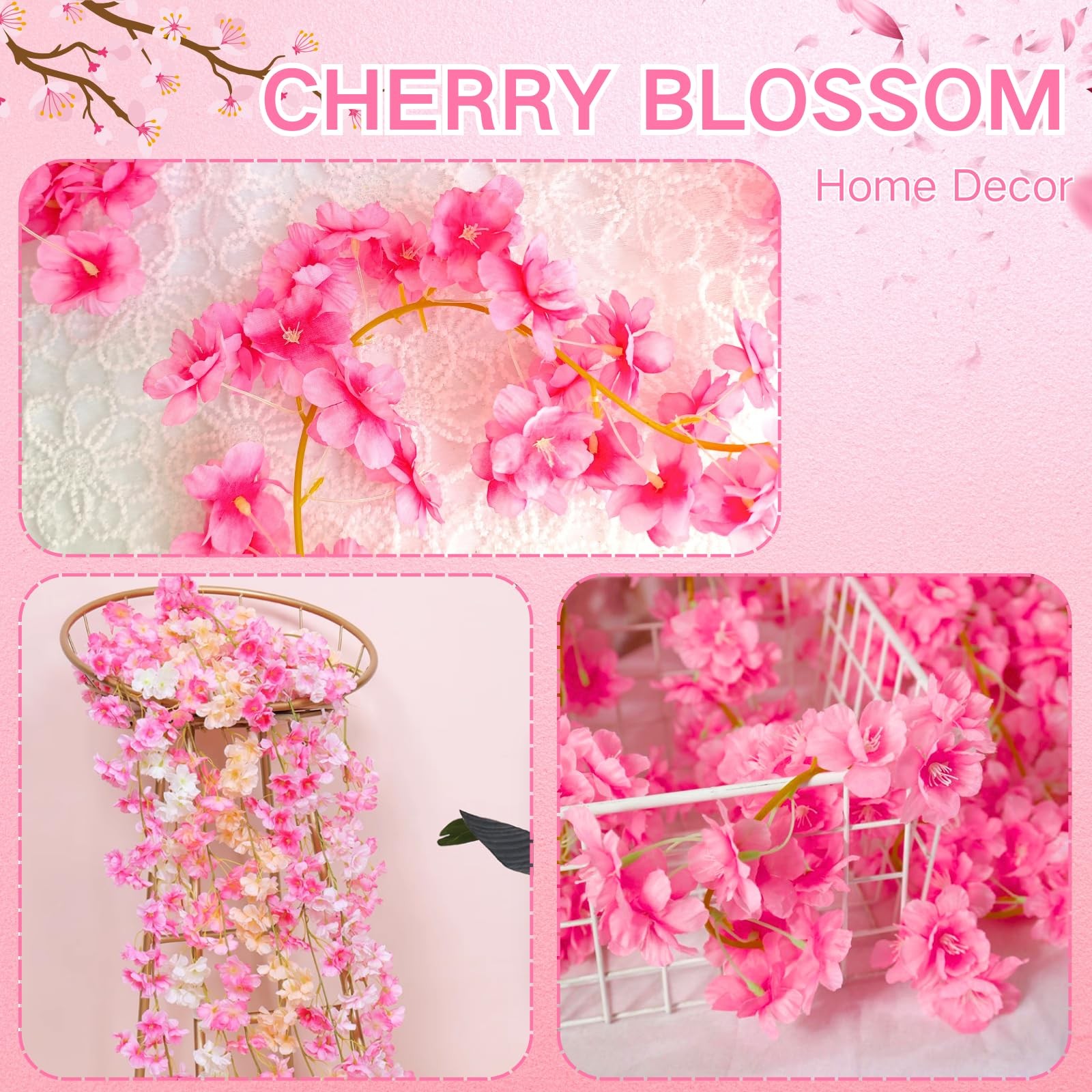 Artificial Cherry Flower Vines, 8Pcs Cherry Blossom Garland Hanging Silk Arti…