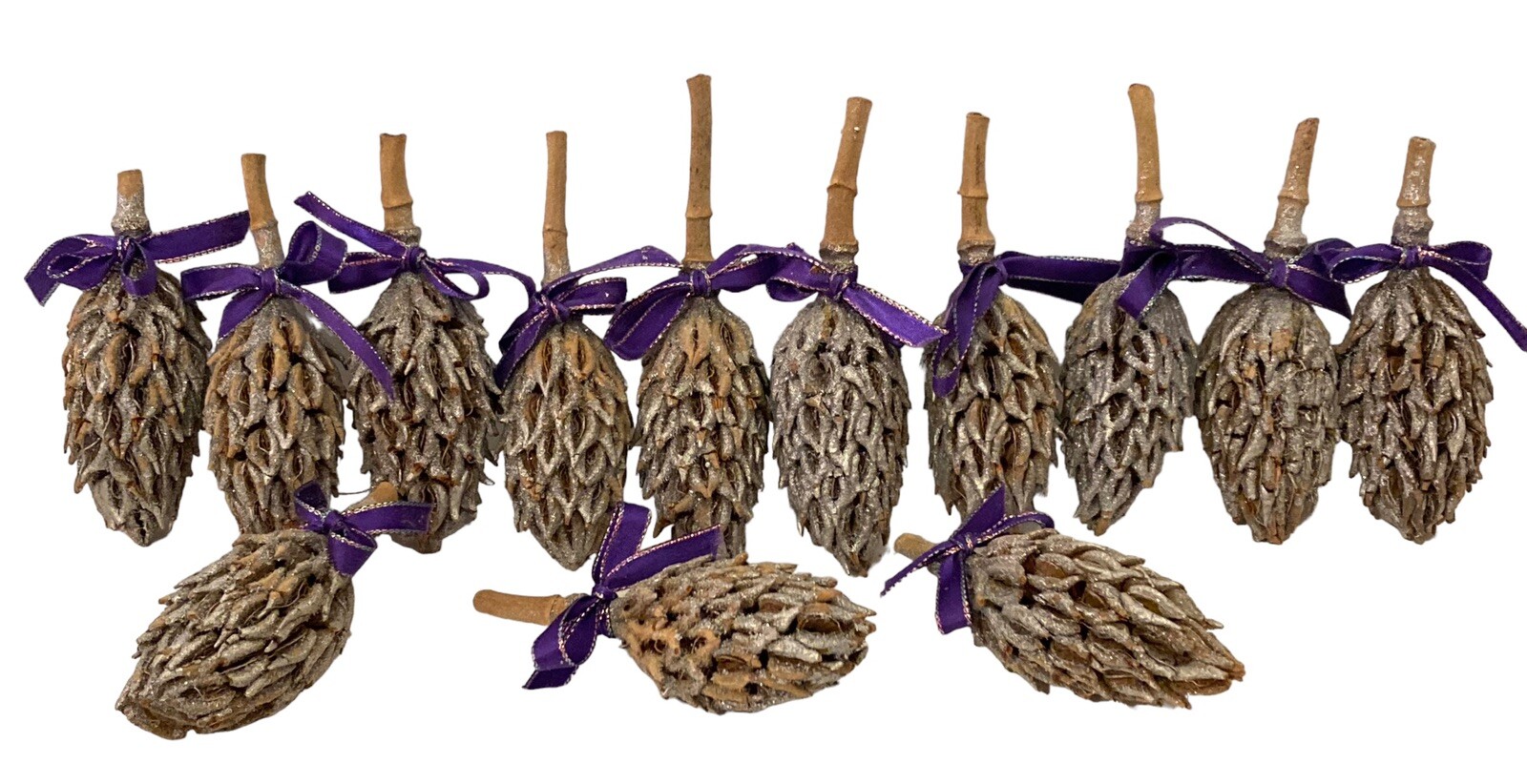 13 Magnolia Seed Pods Decor Silver Glittered Purple Ribbon Bows