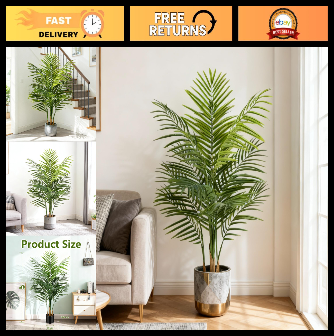 4ft Artificial Palm Tree – Large Faux Areca Palm with 13 Trunks for Indoor Decor