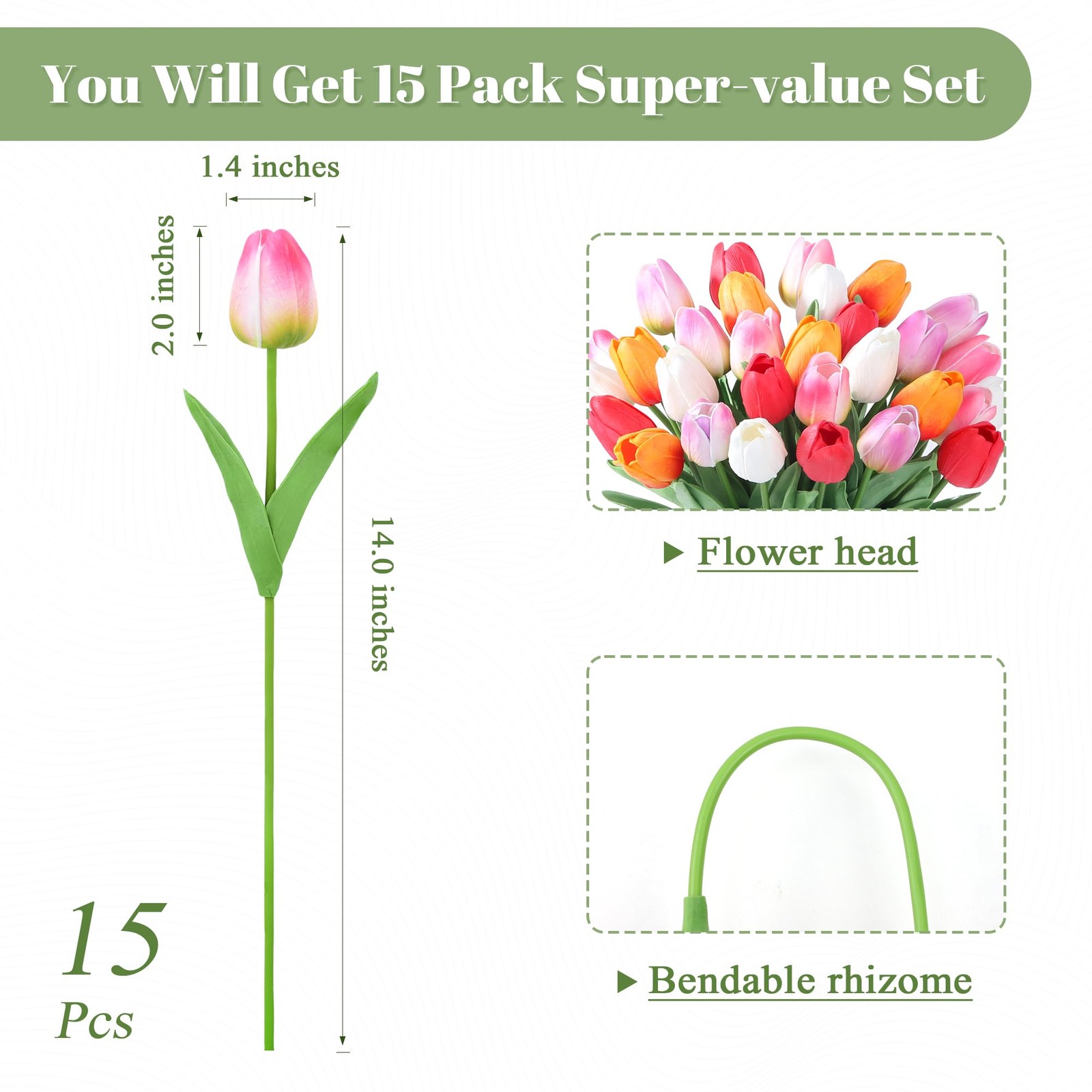 15 PCS Fake Flowers Tulips Artificial Silk 14 Inch Real Touch Multicolor Decor